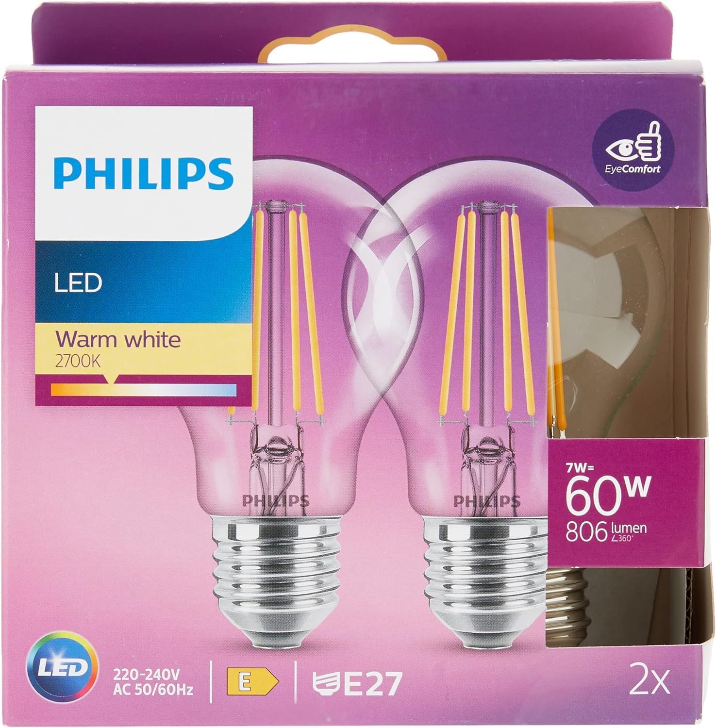 Detalle de Philips LED Classic A60 E27 Edison Screw Light Bulb Set of 2 (7W = 60W, Warm White 2700K) – Non-Dimmable