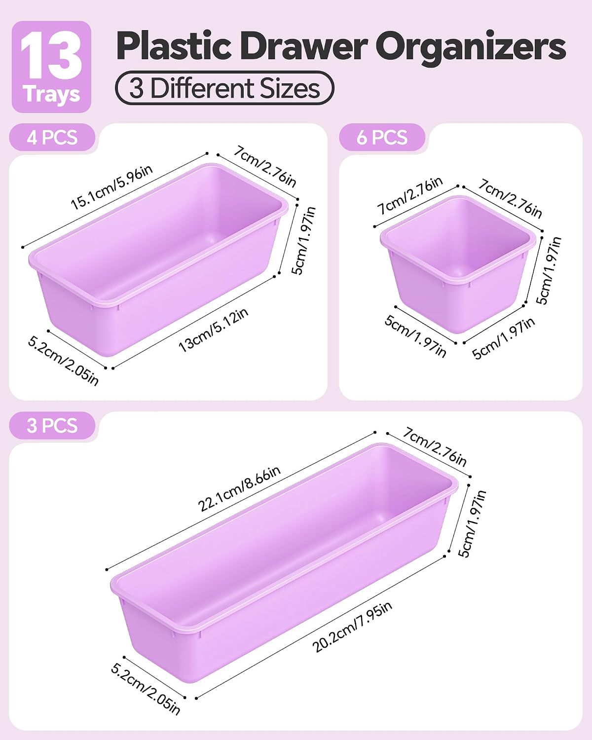 Detalle de Canfanni CT13-Purple 13-Piece Plastic Drawer Organizer Set, 3 Sizes