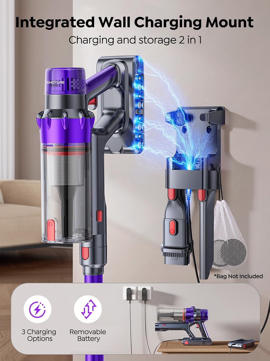 Detalle 2 de SMOTURE VAC02 Cordless Stick Vacuum with 55KPa Suction, Pet Brush & LED Screen