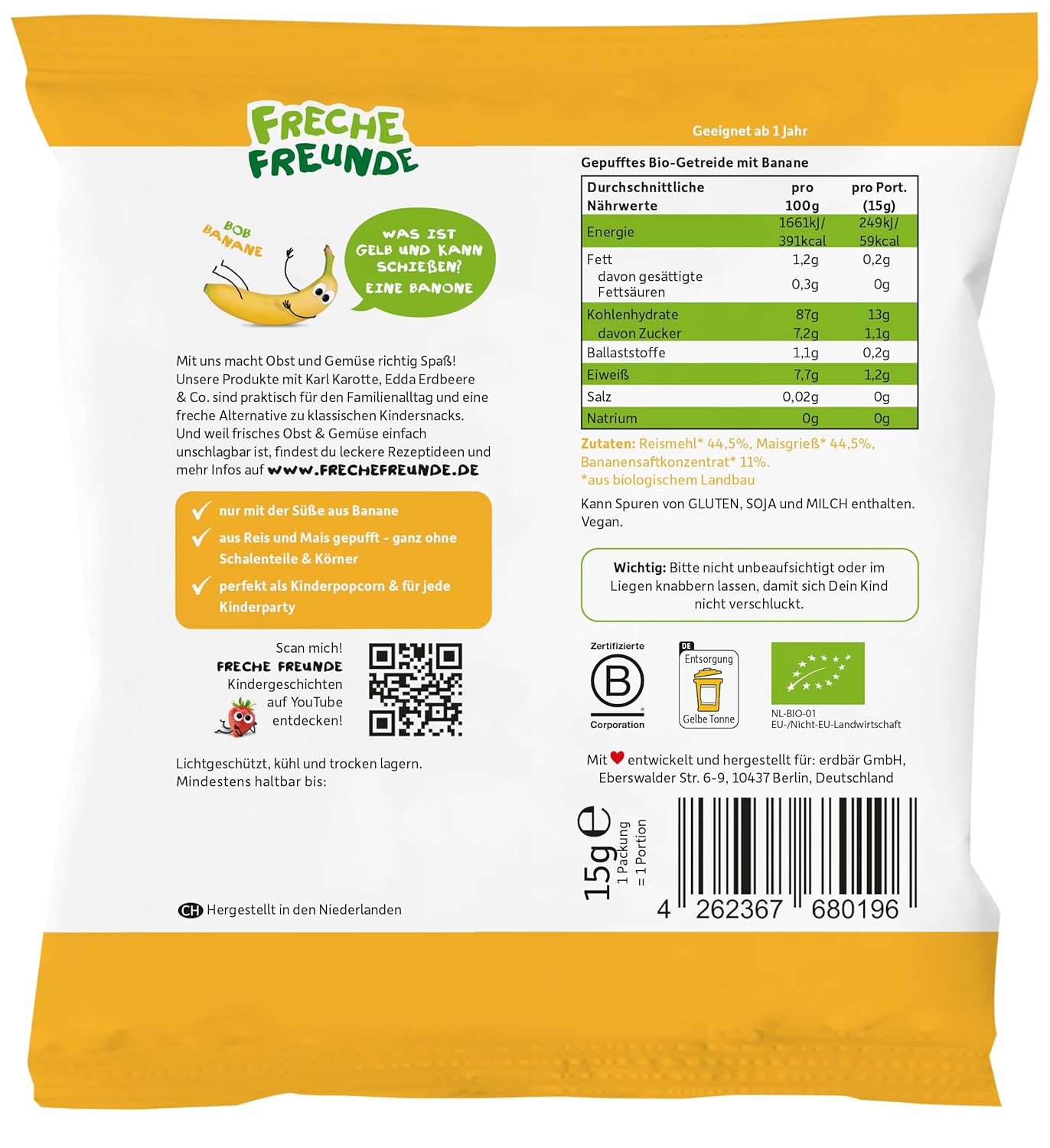 Thumbnail 1 de FRECHE FREUNDE Bio Party-Pops Banane – Bio Popcorn für Kinder ab 1 Jahr (8 x 15 g), ohne Zuckerzusatz