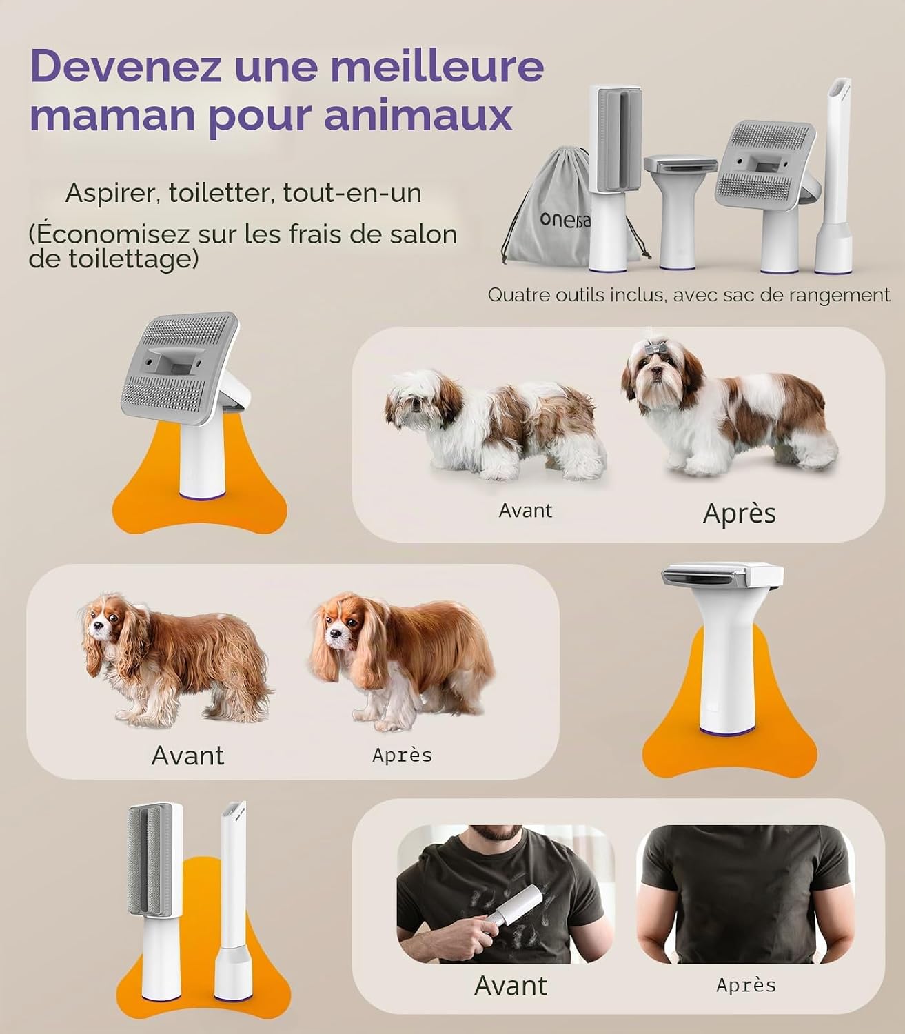 Detalle 2 de Oneisall Aspirateur pour Chiens avec Brosse — 4 en 1, silincieux et pratique
