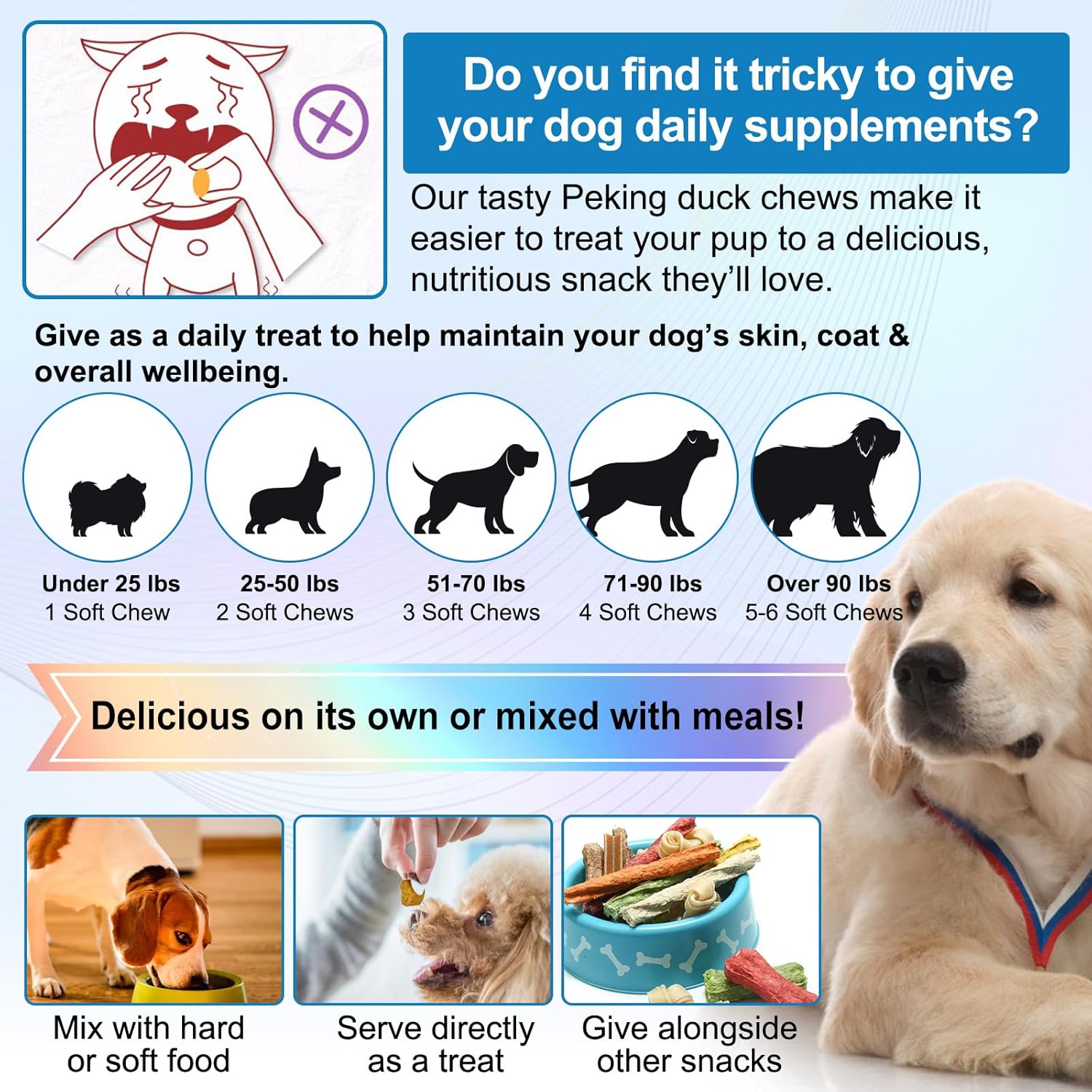 Thumbnail 6 de Bieyoc Sollievo dal prurito cutaneo per cani con quercetina, bromelina e curcuma (150 pezzi, gusto anatra)