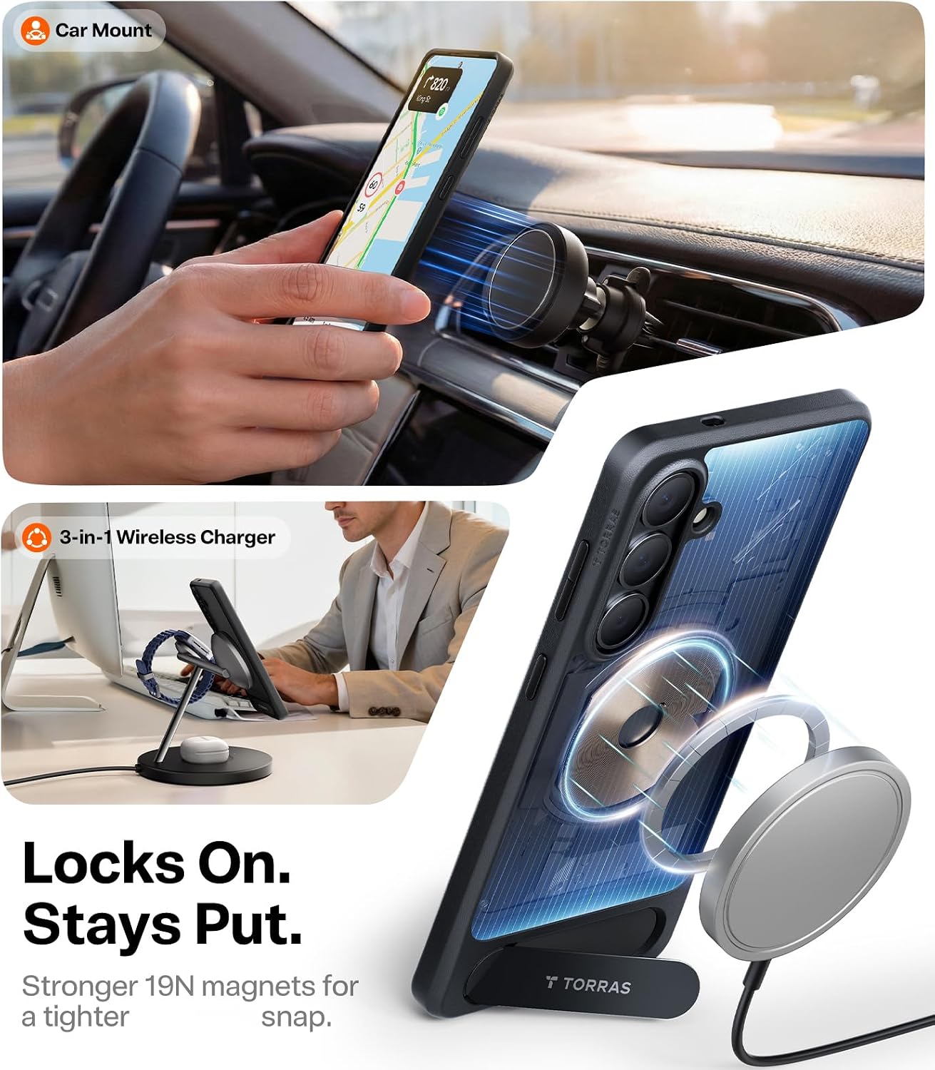 Detalle de TORRAS Ostand L1 Case for Samsung Galaxy S26 – Durable Titanium Stand, MagSafe Magnetic Ring & 360° Protection
