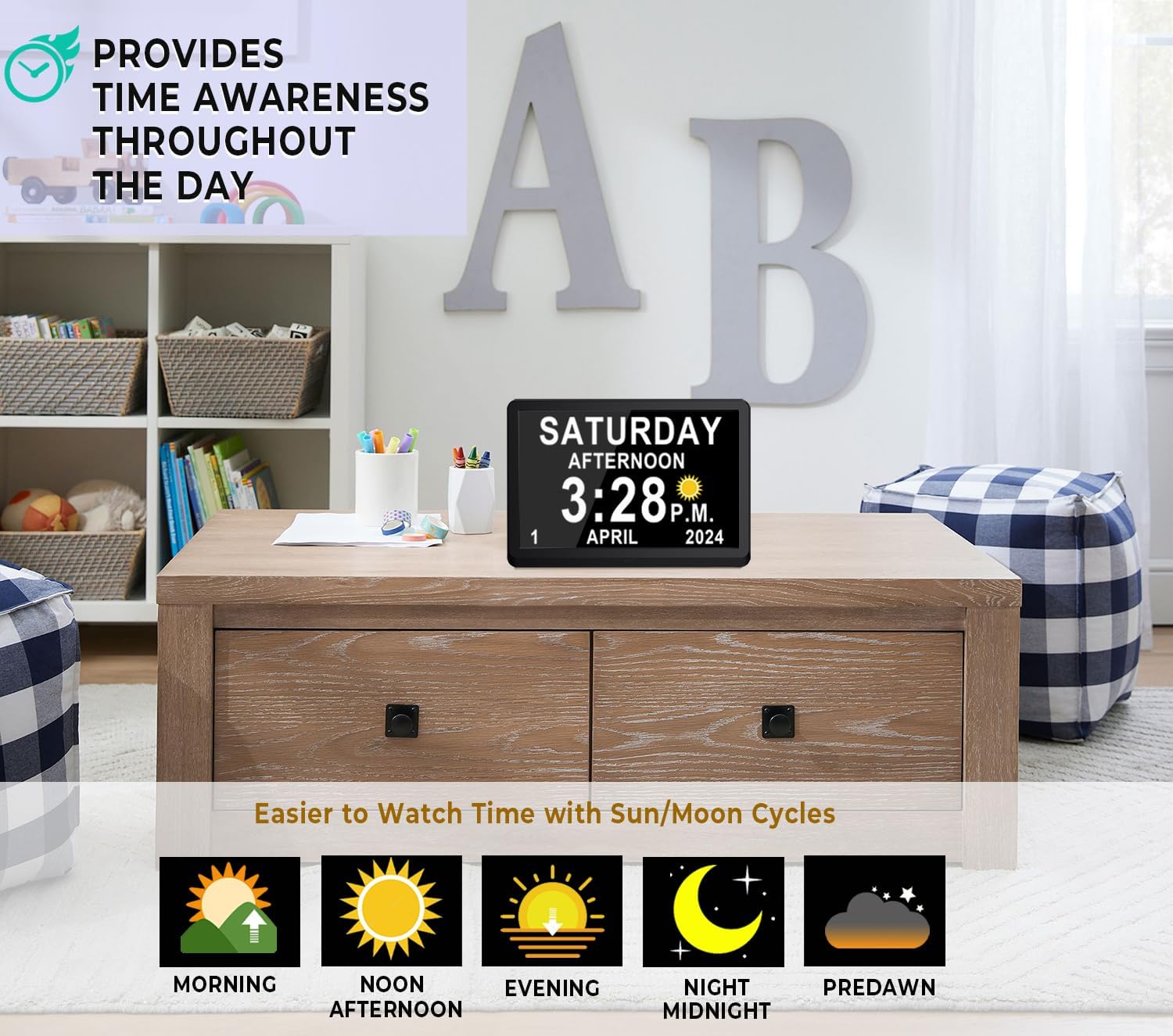 Detalle de Véfaîî 10" Large Digital Clock with DST, Sun/Moon Icons, Reminders and Calendar – Ideal for Seniors