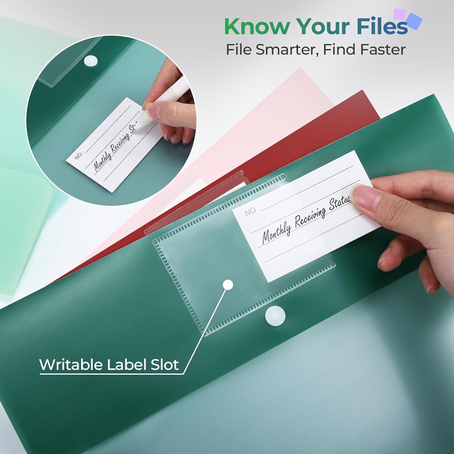 Thumbnail 6 de Euqvunn lot de 32 pochettes A4 en plastique PP, 8 couleurs avec bouton-pression