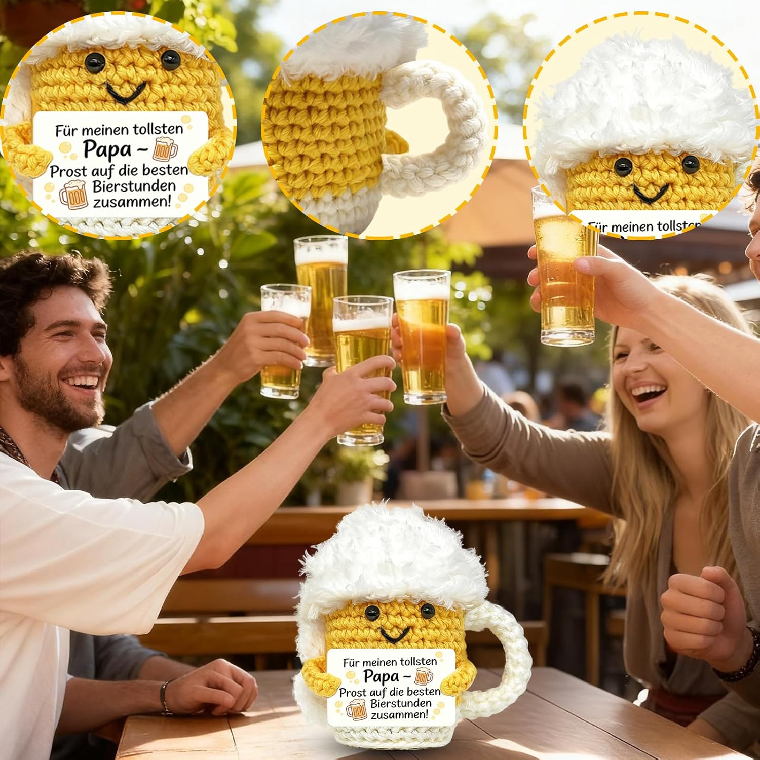 Detalle 2 de 3-teiliges Bier Geschenkset für Männer – Handgestrickte Bierpuppe mit Flaschenöffner & Glücksbringer Münze