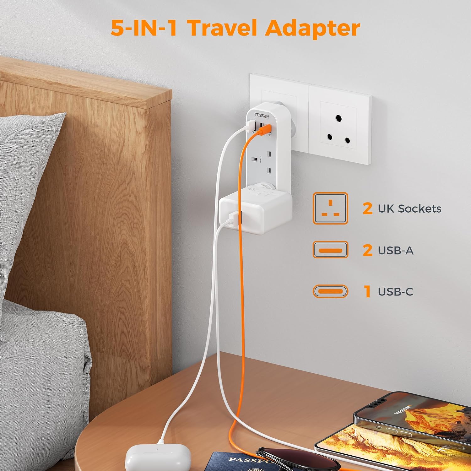 Detalle de TESSAN UK to South Africa Type M adapter 3 USB