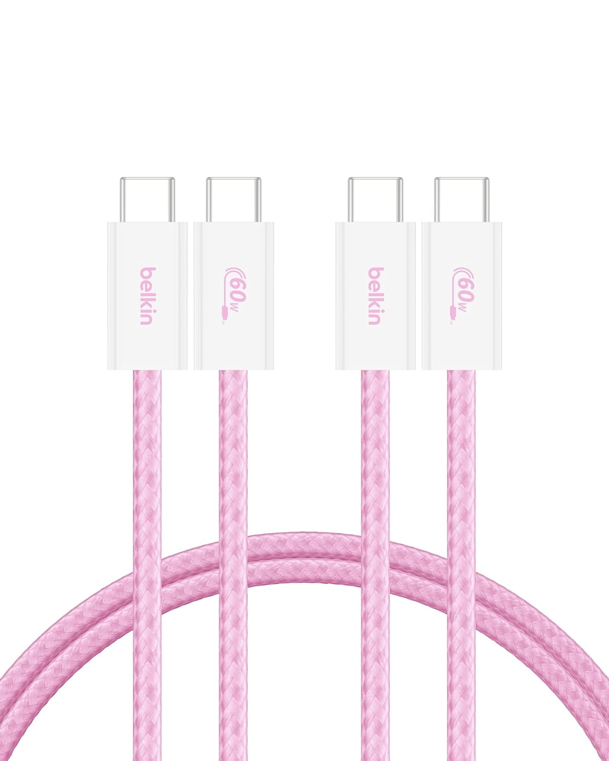 Detalle de Belkin BoostCharge USB-C-kabel, 2-pack, 1,5 m, 60 W, flätad och rosa