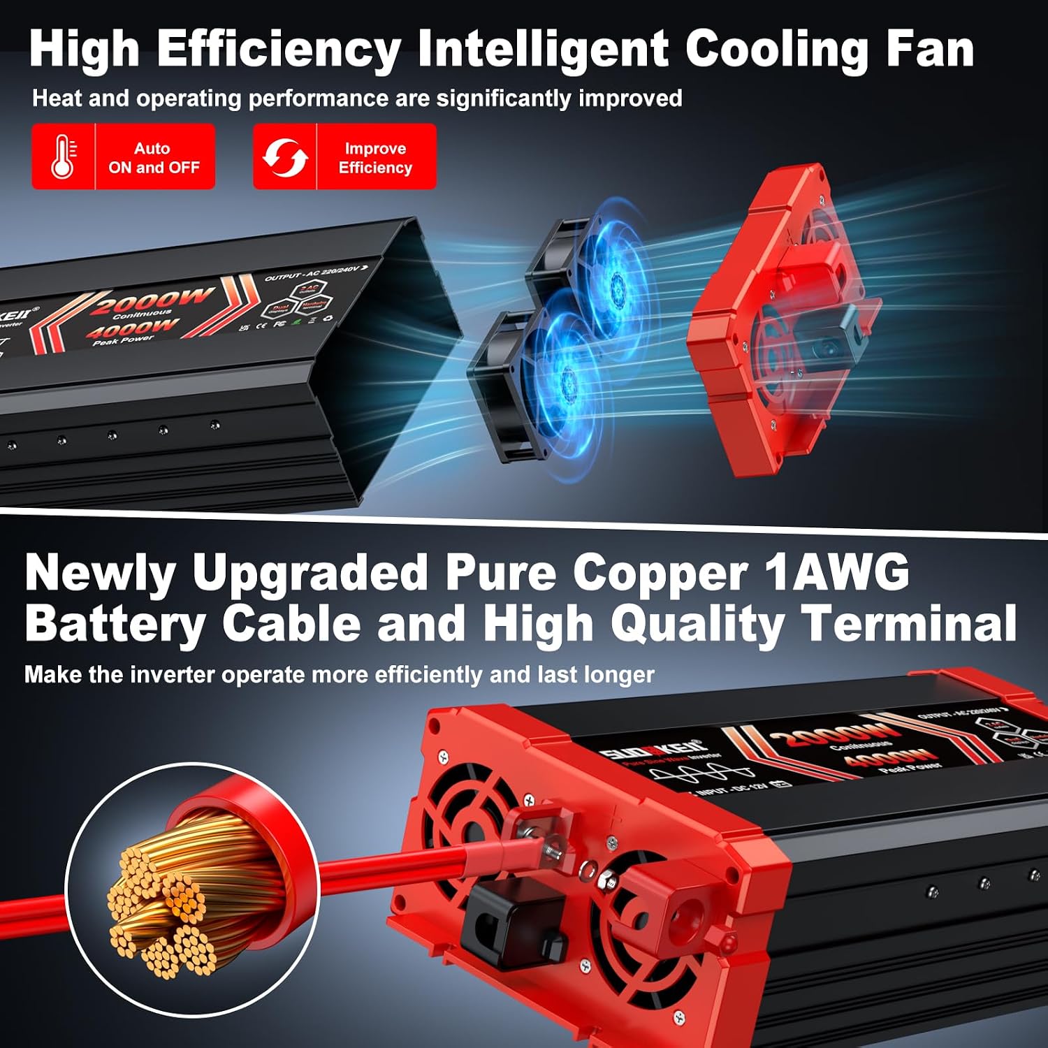 Thumbnail 1 de SUDOKEJI Pure Sine Wave Inverter 2000W (12V DC to 240V AC) with 2 AC outlets, USB-C 30W & remote