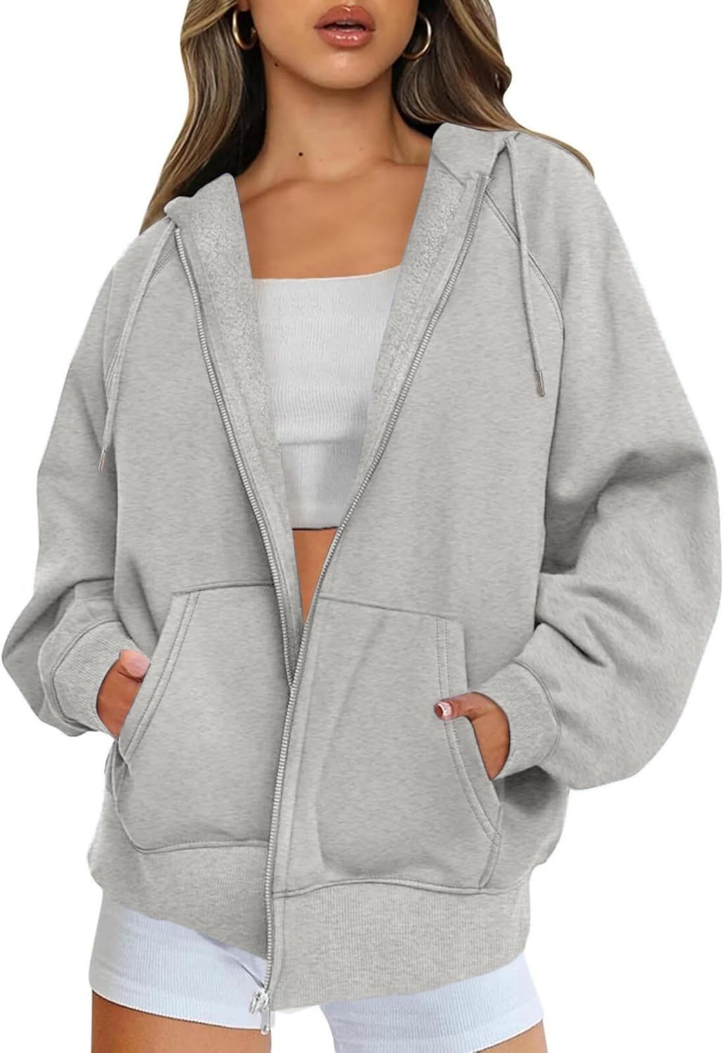 Detalle de Timuspo Y2k dameshoodie met rits, fleece en oversized pasvorm