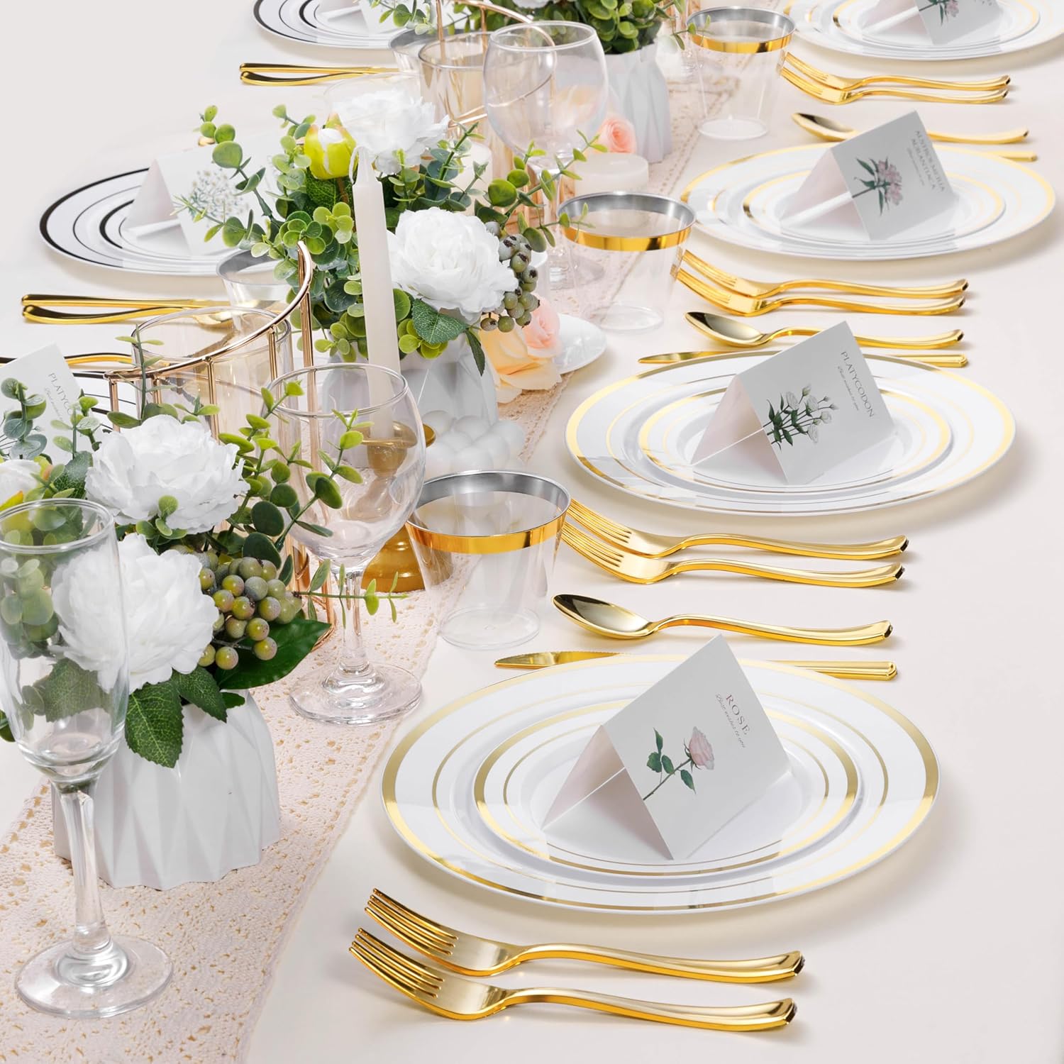Thumbnail 6 de BESTSTAR 100PCS White Plastic Plates with Gold Rim, 10.25-Inch Heavy-Duty Disposable Party Dinner Plates
