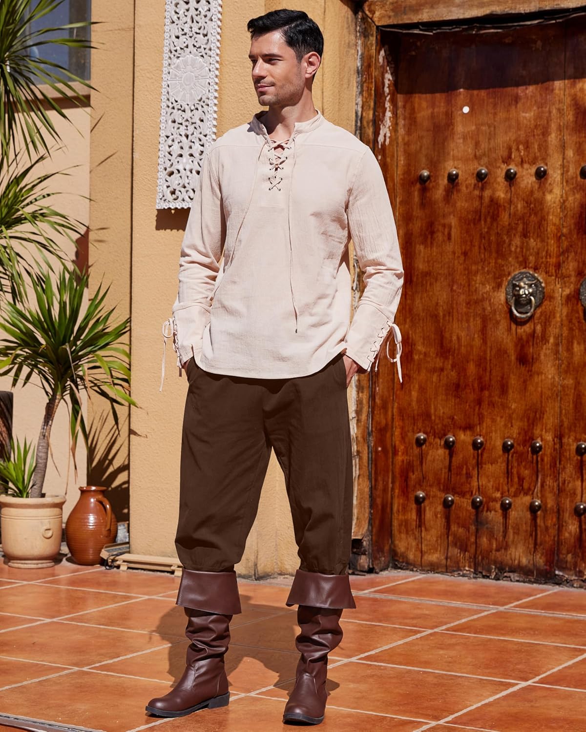 Thumbnail 2 de YAOBAOLE Leinenhose Herren Mittelalter/Wikinger/Piraten – lang, locker mit Taschen und elastischem Bund