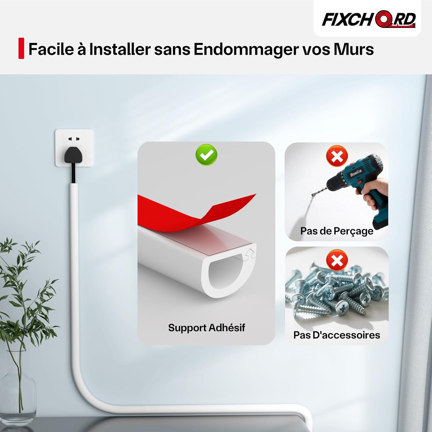 Thumbnail 3 de FIXCHORD Goulotte autocollante électrique 15 mm x 10 mm, peignable (blanc) – longueur 3 m