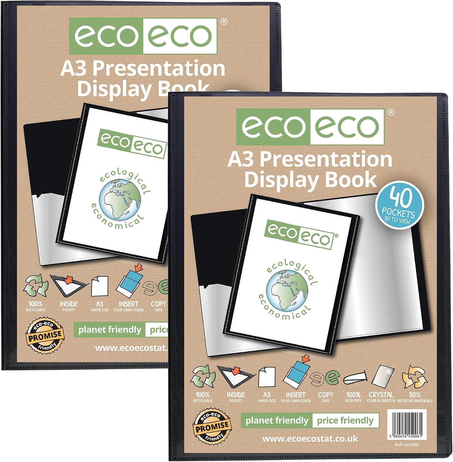 eco-eco A3 50% Recycled 40 Pocket Black Presentation Display Book (Pack of 2)