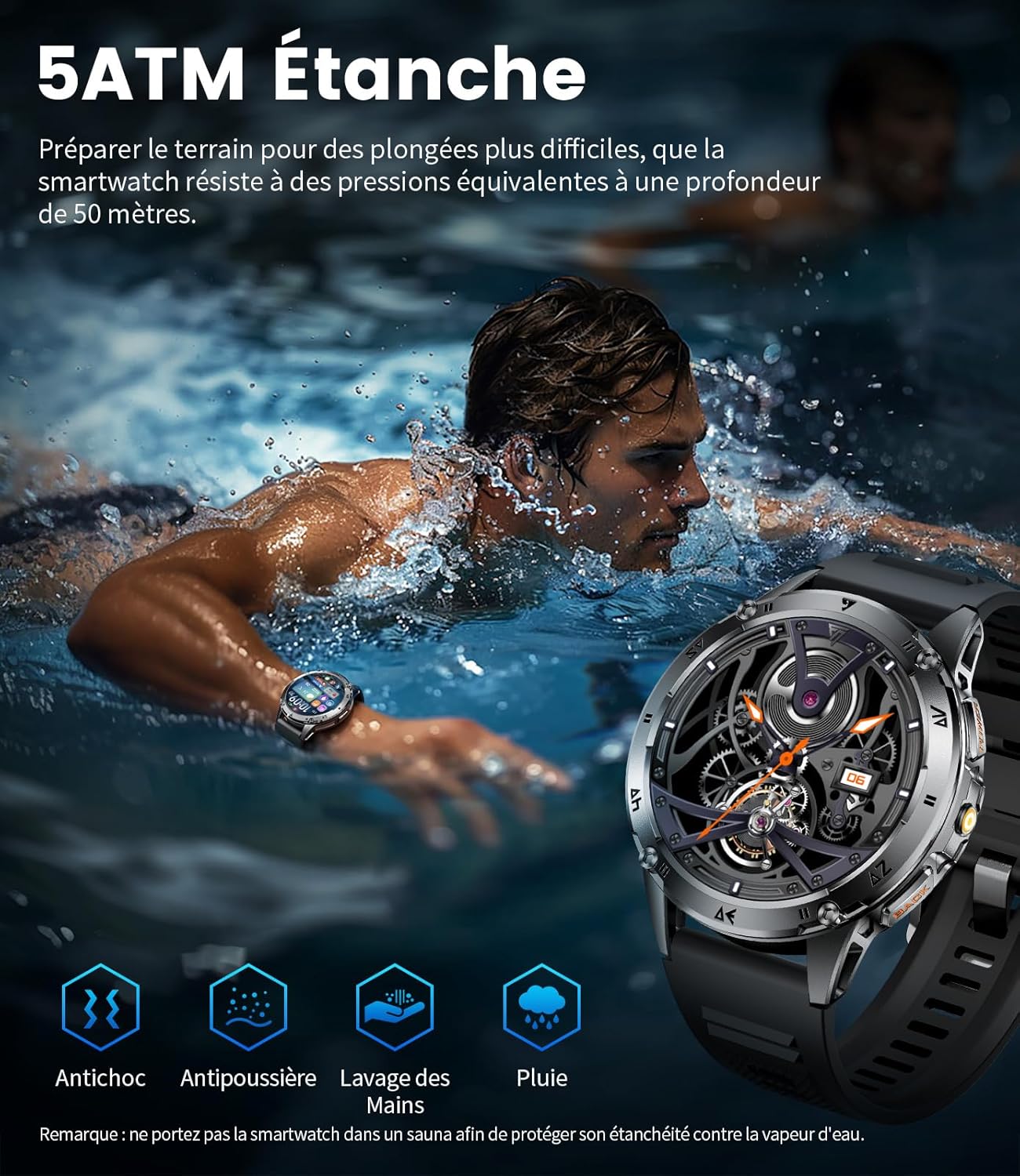 Thumbnail 3 de LIMIGE EF6 Montre Connectée Homme: Appels Bluetooth, Écran AMOLED 1.43'' et 110+ Modes Sportifs