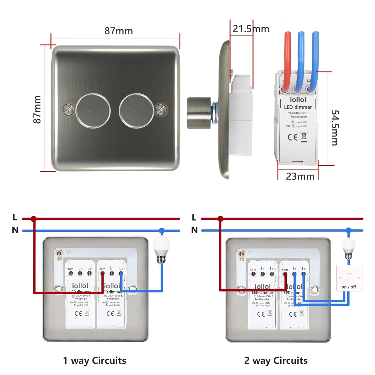 Detalle de iolloi LED Dimmer Switch 1/2 Gang: Dimmable Rotary On/Off, 0–100% Dim, Brushed Steel