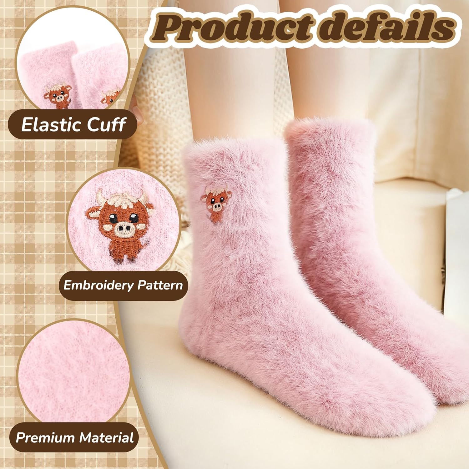 Detalle de QBEJIME Highland Cow Gifts for Women: 3 Pairs Fluffy Socks (UK 4–8)