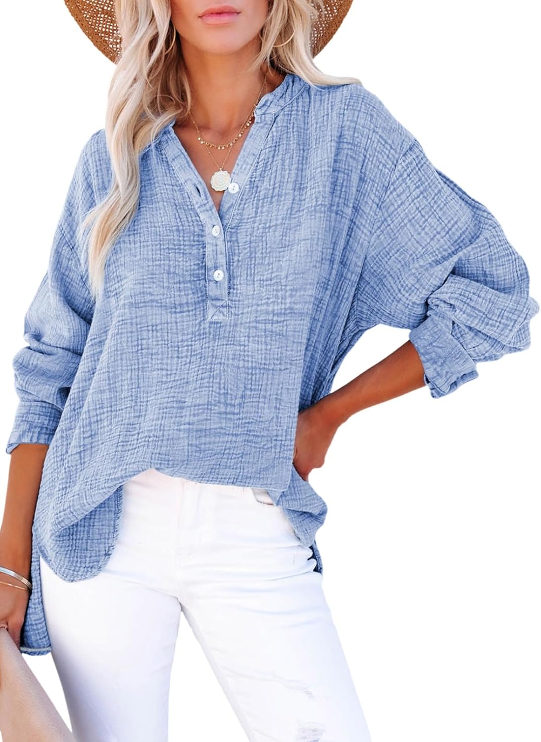Thumbnail 4 de Dokotoo Women's Casual Button V-Neck Long Sleeve Oversized Solid Blouses Tops