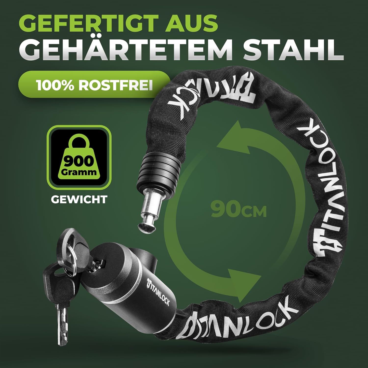 Detalle de TITANLOCK Fahrrad-Kettenschloss mit Reflektionsschutz (Sicherheitsstufe 7/10) – leicht transportierbar & rostfrei