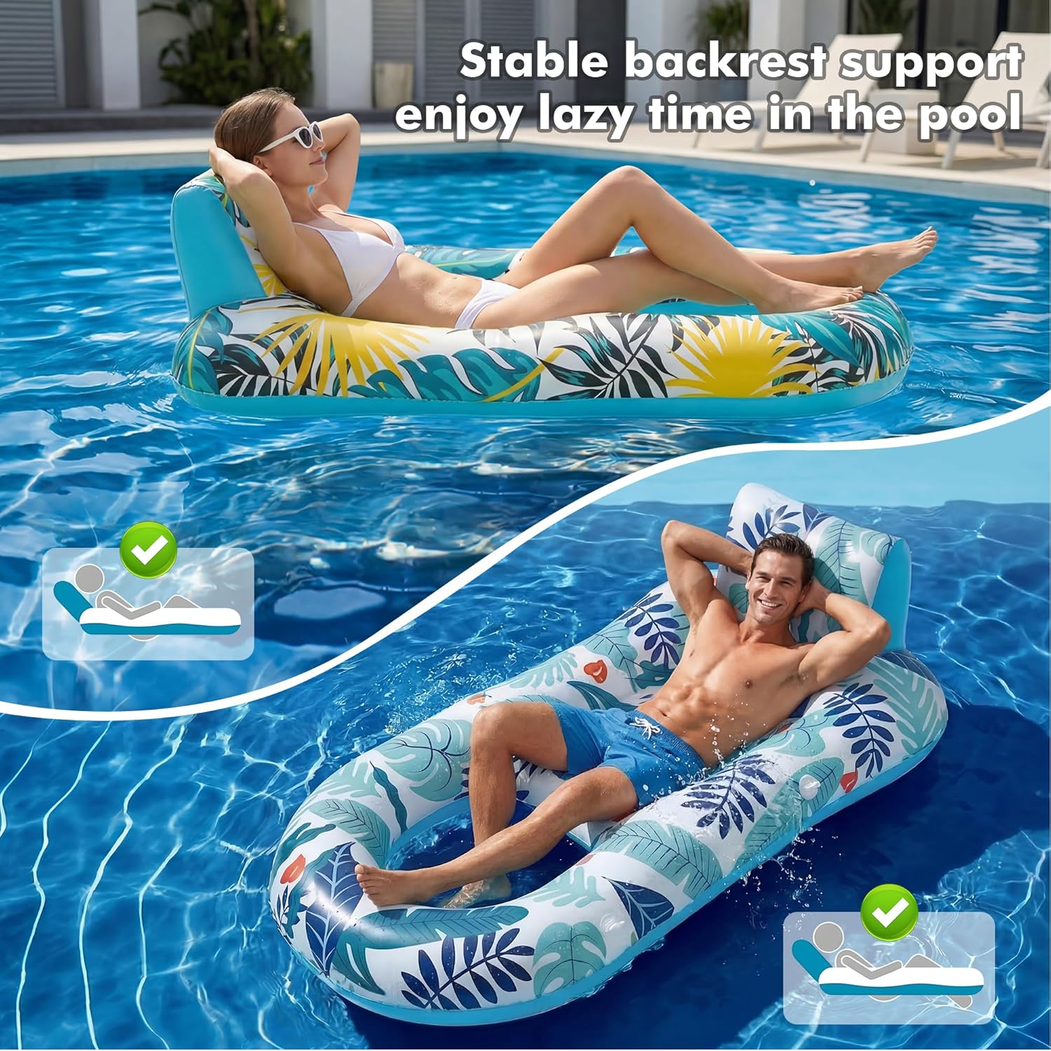 Thumbnail 1 de 2-Pack Adult Pool Float Loungers with Cup Holders, Backrest & Footrest (Pink/Blue)