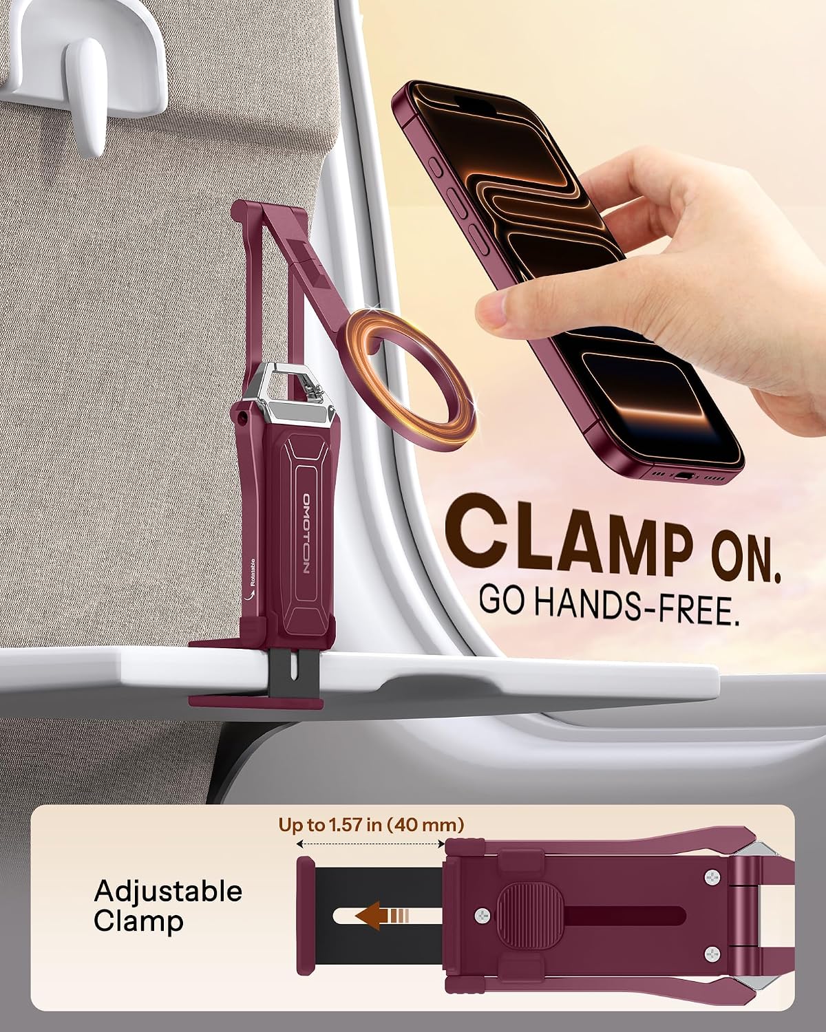 Detalle 2 de OMOTON TP02-Wine Red Magnetic Phone Tripod, 360° Rotation, Foldable