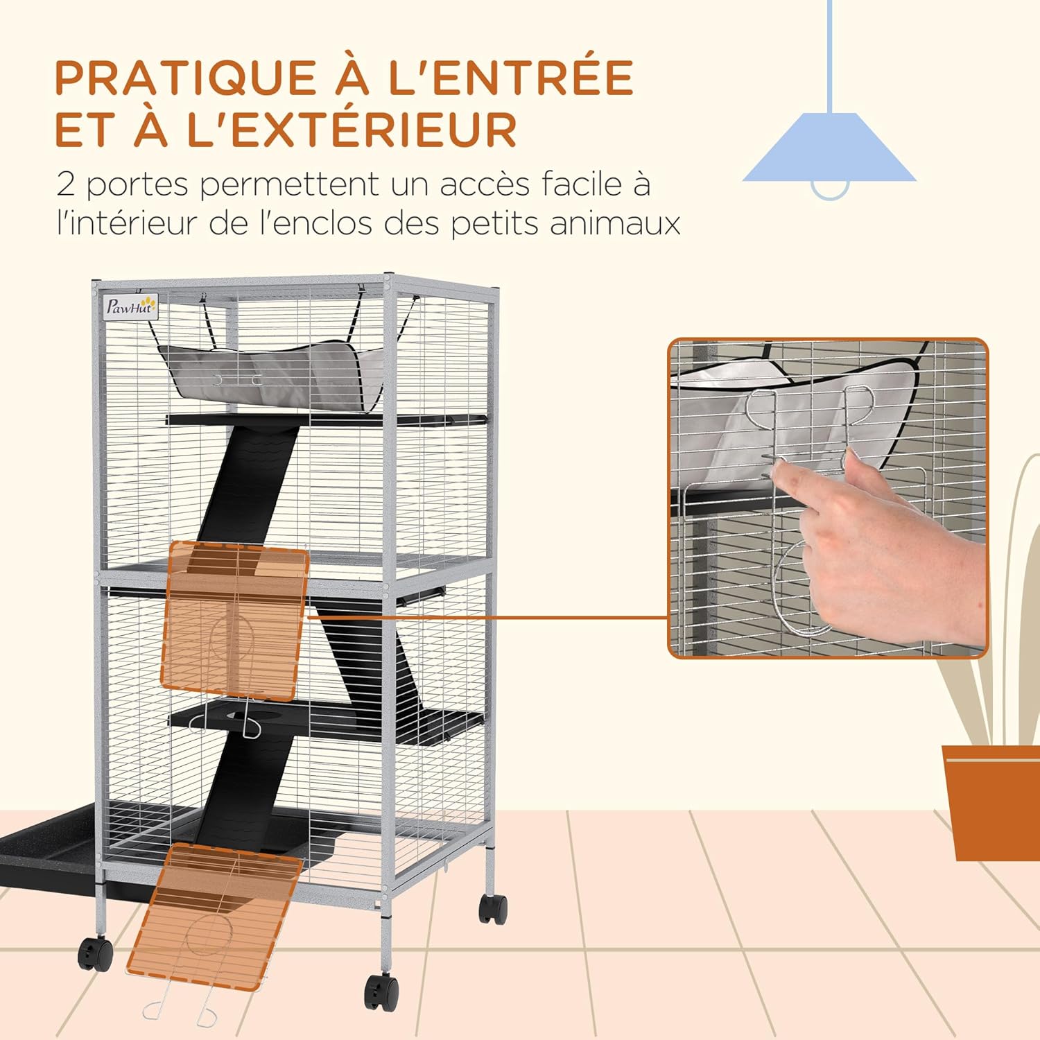 Detalle de PawHut Cage pour Petits Animaux Portable à 4 Niveaux – Cage Chinchilla/Furet 52 x 52 x 113,5 cm, Blanc
