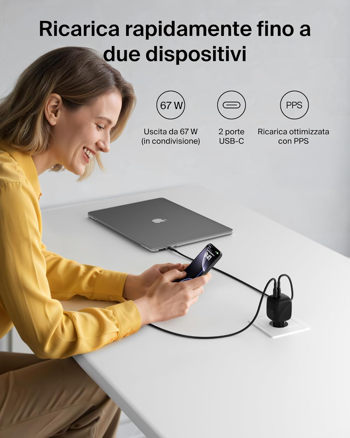 Thumbnail 1 de Belkin SmartProtect Caricatore USB-C a 2 Porte 67W: ricarica GaN rapida per laptop e dispositivi USB-C
