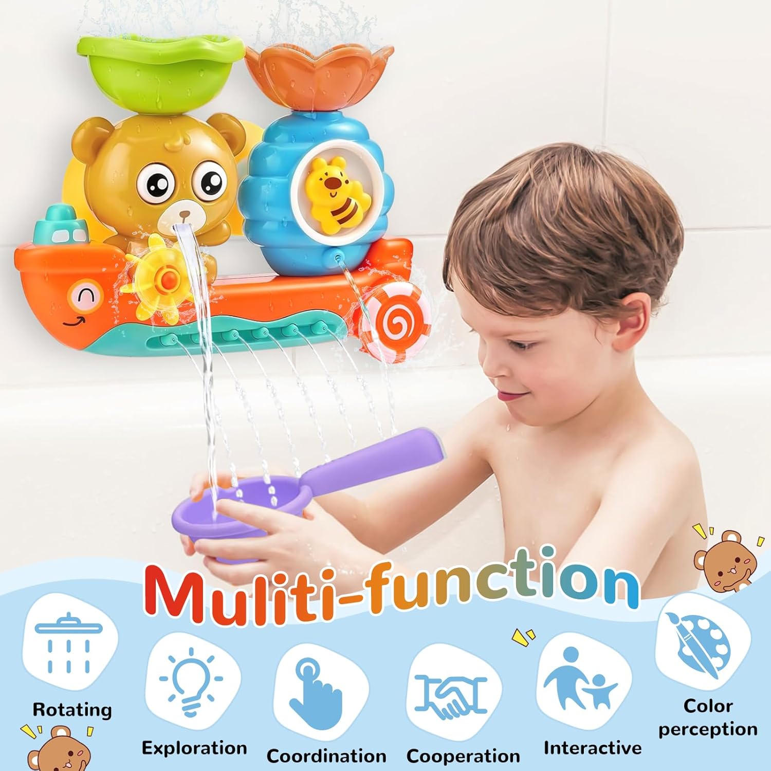 Detalle de Giochi Bagnetto Neonato 1-4 Anni – Vasca con Orso e Ape: peluche educativo e ventose sicure