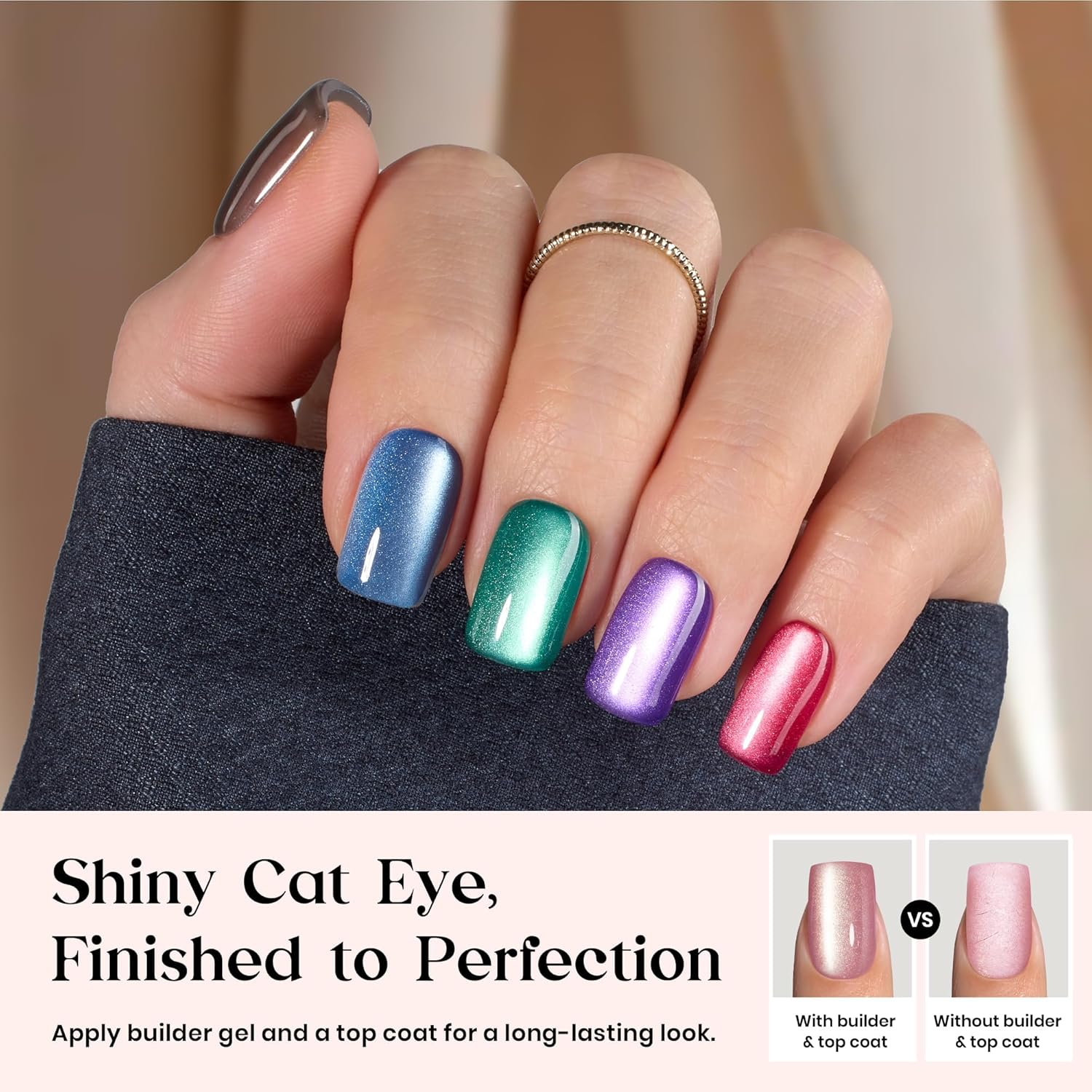 Detalle 2 de Beetles X Press Plus Cat Eye Nails “Galaxy Aurora” – 7-Color Short Square Press-On Set (224 pcs, 16 sizes)