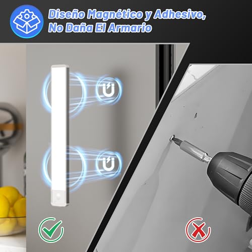Thumbnail 4 de Luz LED Cocina Recargable Sensor Movimiento - Armario Luces Sin Cable Bajo Lampara Interior Mueble Recarga Pilas Tiras Barra Iluminacion Magnetica Bateria USB Inalambrica Light para Kitchen Barras
