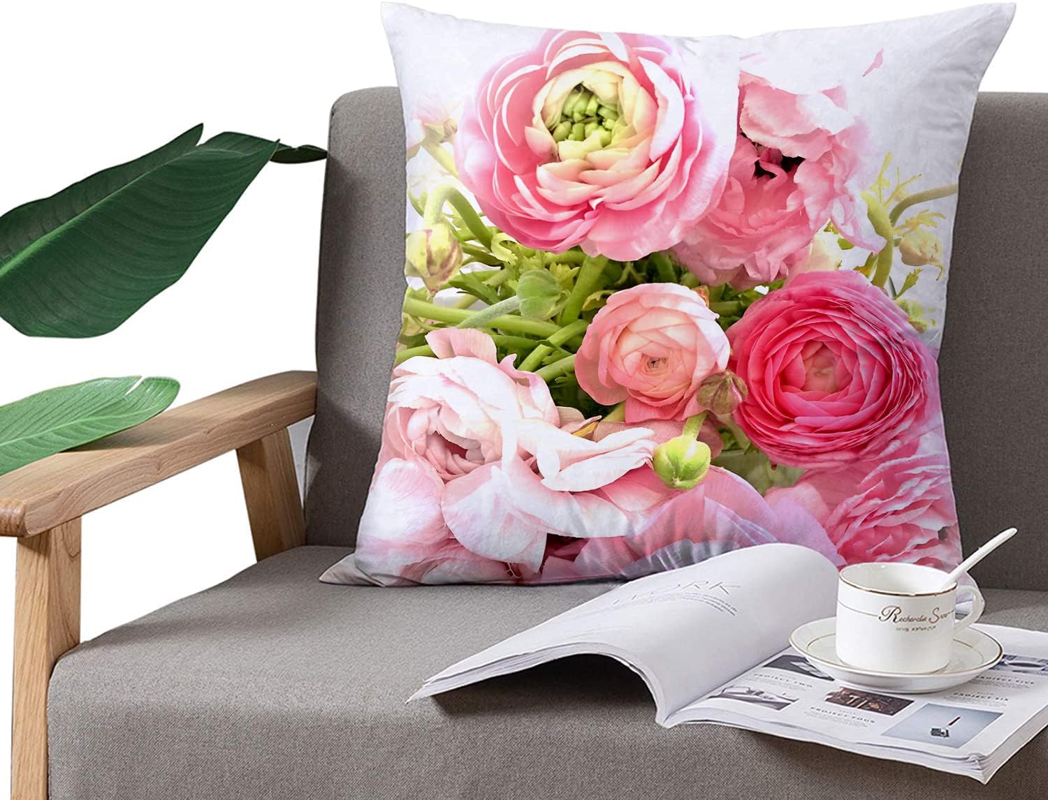 Thumbnail 2 de HUASHUZI 2PcBt-CushionCover-Pink Rose kussensloop, 40 x 40 cm, roze bloemen