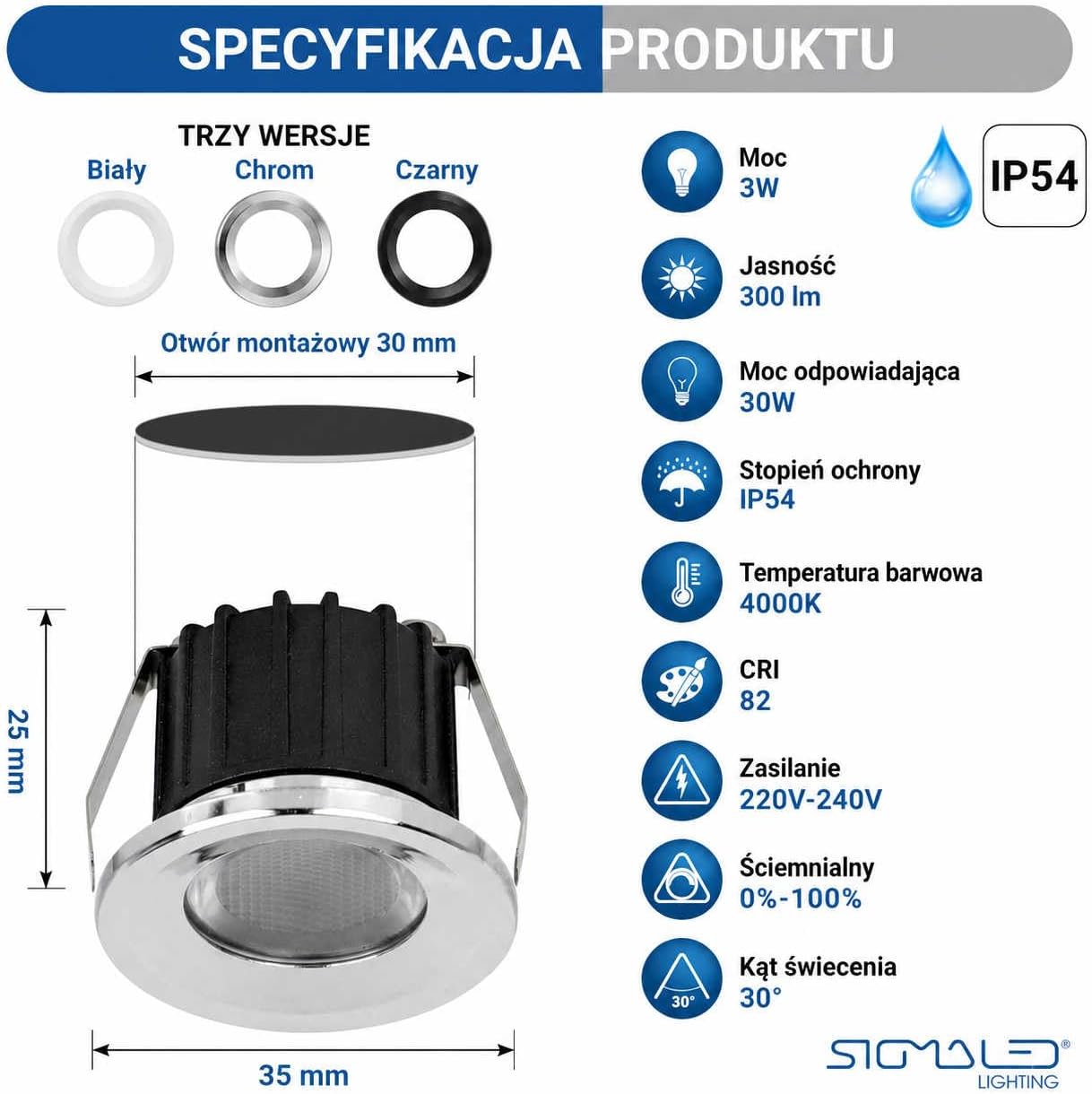 Detalle 2 de Sigmaled Lighting mini oczka LED wpuszczane 3 W, 300 lm, 4000 K, IP54 – 10 szt.