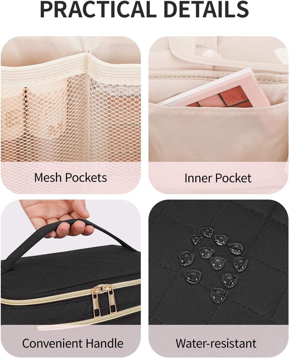 Detalle de Travel Quilted Makeup Bag with Brush Compartment (Patent Pending) – Large Black Cosmetic Case