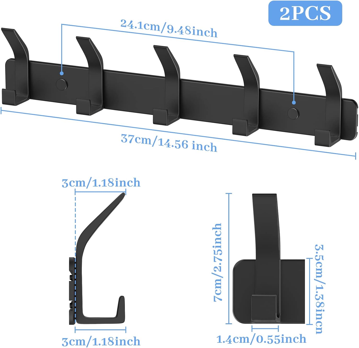 Detalle 2 de TENXSNUG Appendiabiti da Parete Set di 2 – Attaccapanni Moderni Antiruggine con 5 Ganci per Cucina, Bagno e Camera