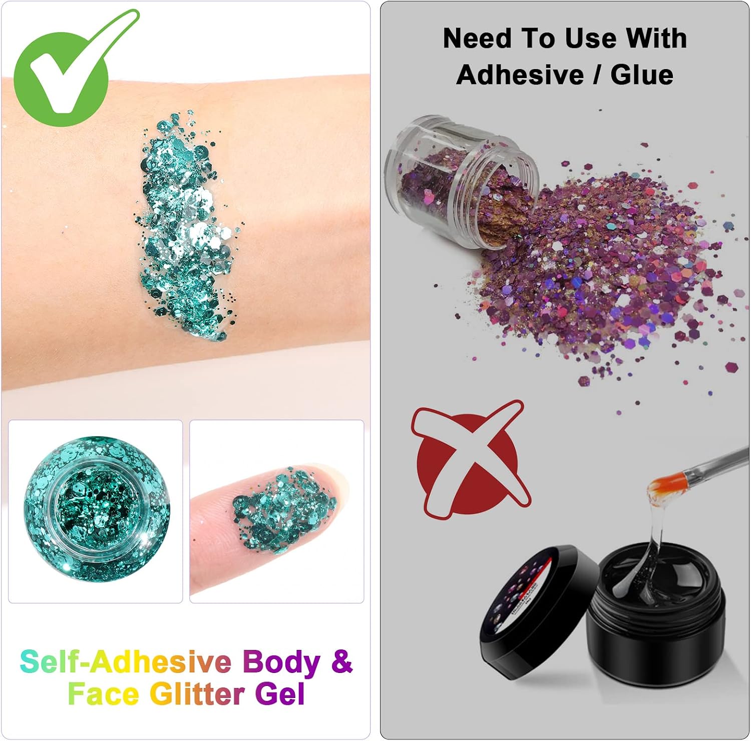 Detalle de Glitter per corpo e viso URAQT: gel chunky verde per musica, festival e maschere