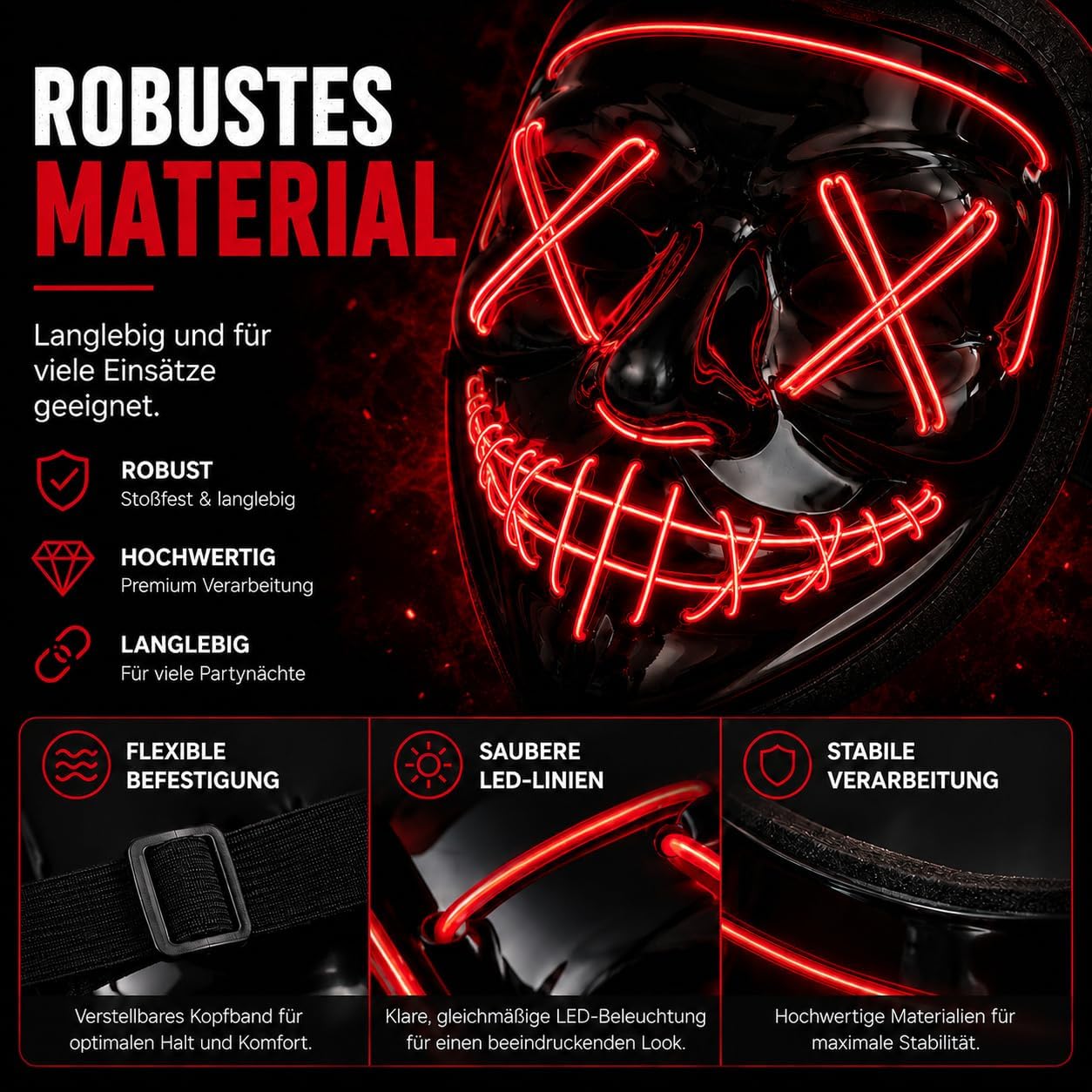 Detalle de FASCHINFEVER Purge led-masker met bedienbare lichtstanden en kleurkeuze