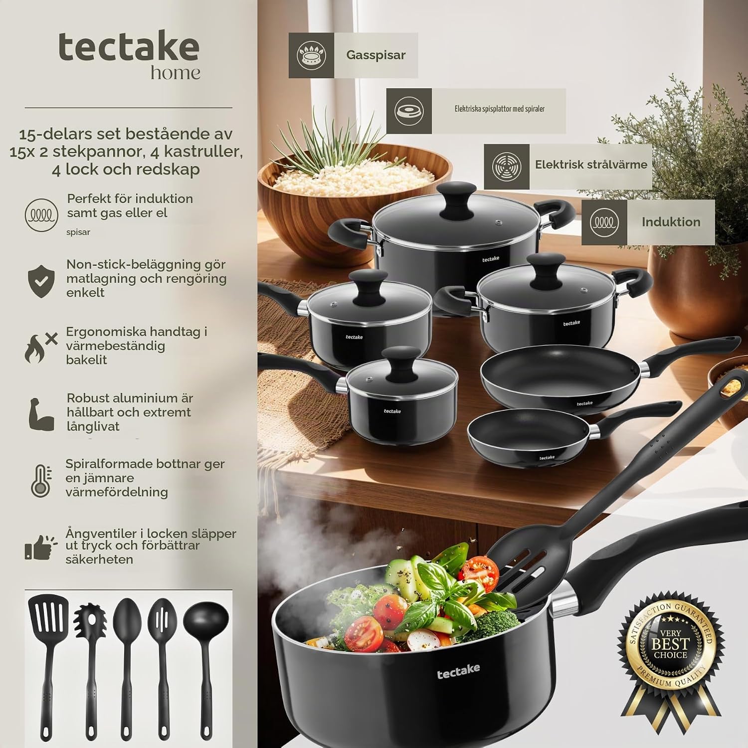 Detalle 2 de tectake 405299 kastrullset, 15 delar med non-stick och glaslock