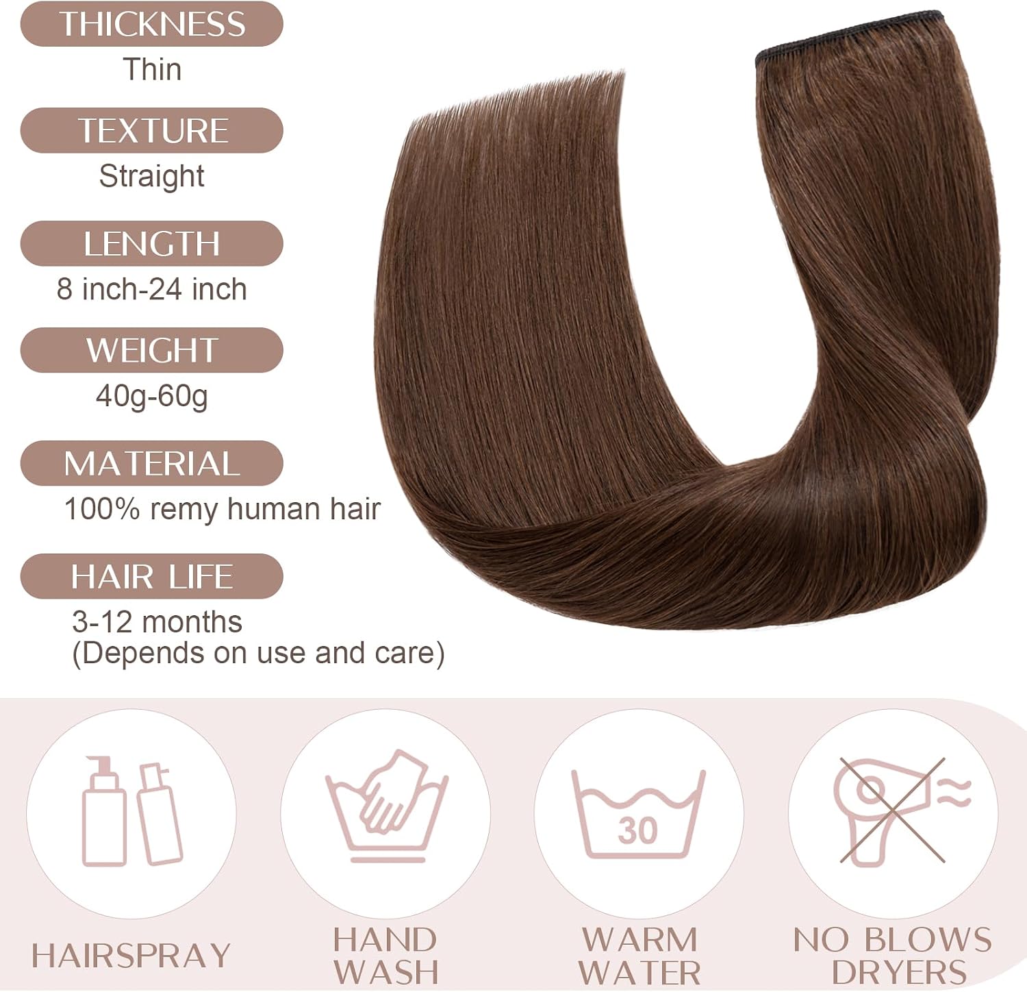 Detalle de SEGO Extension Capelli Veri Clip Fascia Unica 20 cm – Ciocche Remy Marrone Cioccolato #4, 40 g