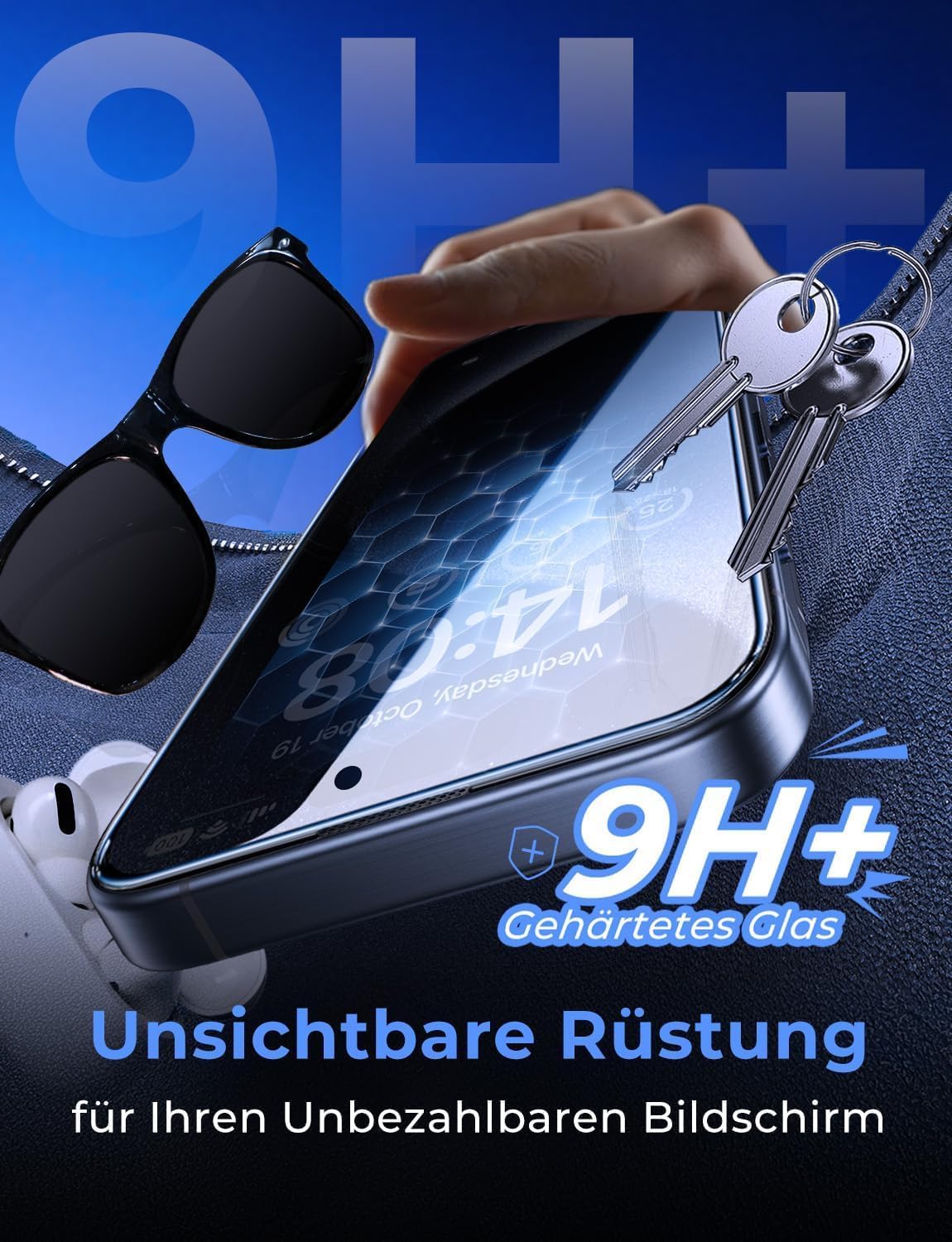 Detalle de MAGIC JOHN 2-Stück Displayschutzfolie für iPhone 15 Pro (6,1 Zoll) mit Sichtschutz, 28° Blickwinkel, 9H, Staub-Entfernung und Blasenfrei-Installation