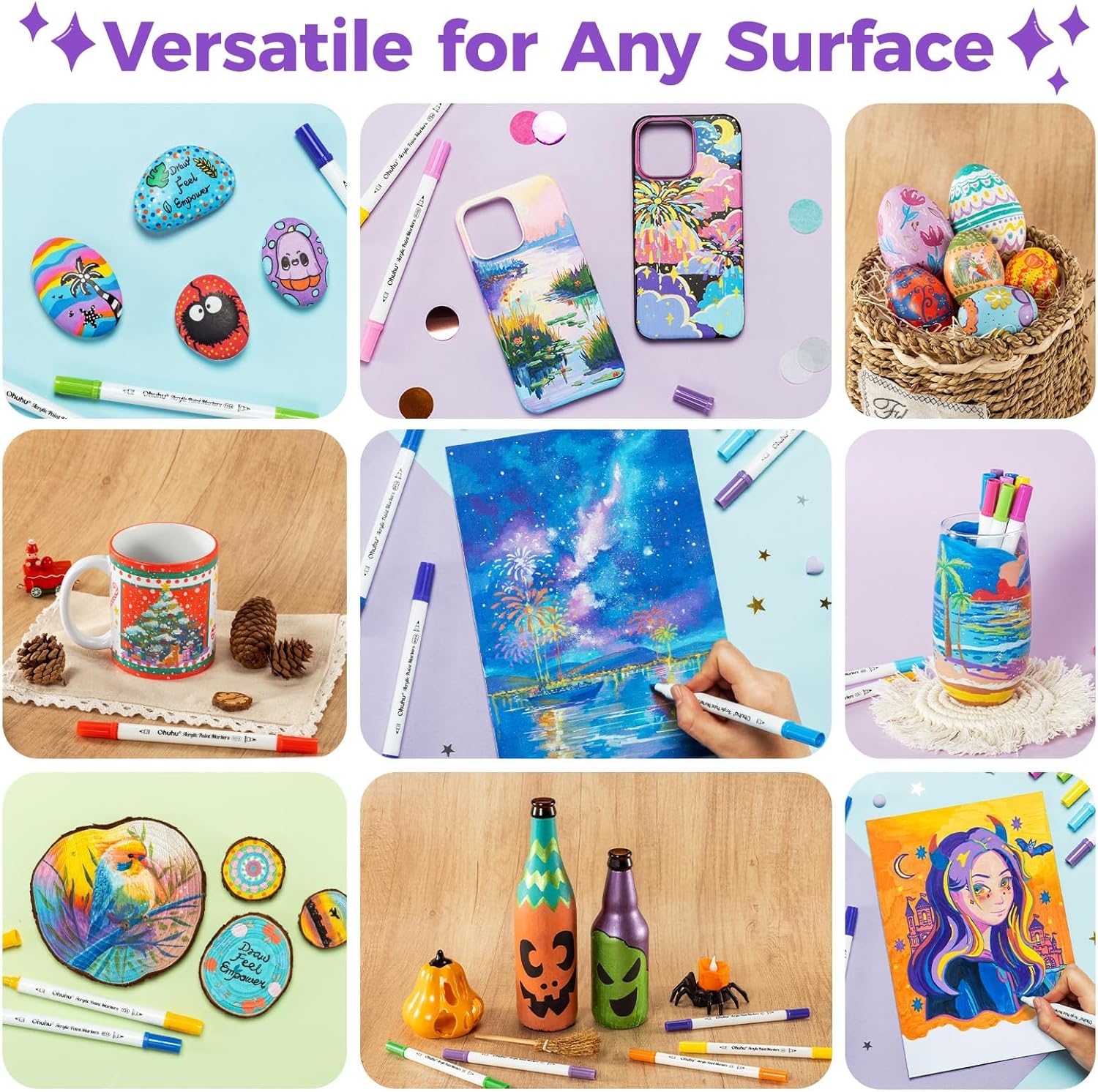 Thumbnail 6 de Ohuhu Acrylic Paint Pens (72 Colours) Dual Tips – Brush & Dot acrylic markers for rocks, Easter eggs, wood and more