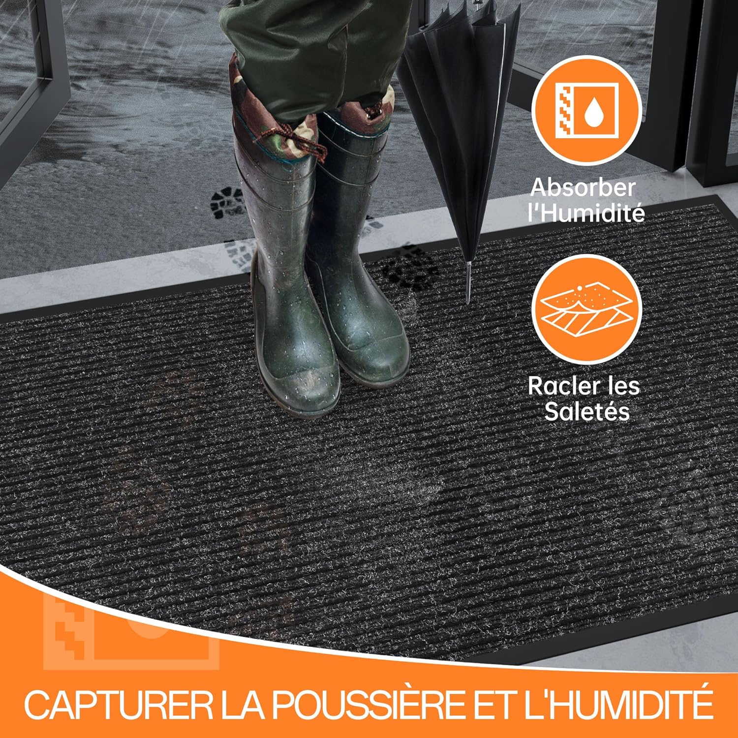 Detalle de HOMEK Paillasson d’extérieur pour entrée 60 x 180 cm noir – grand tapis anti-boue et anti-humidité