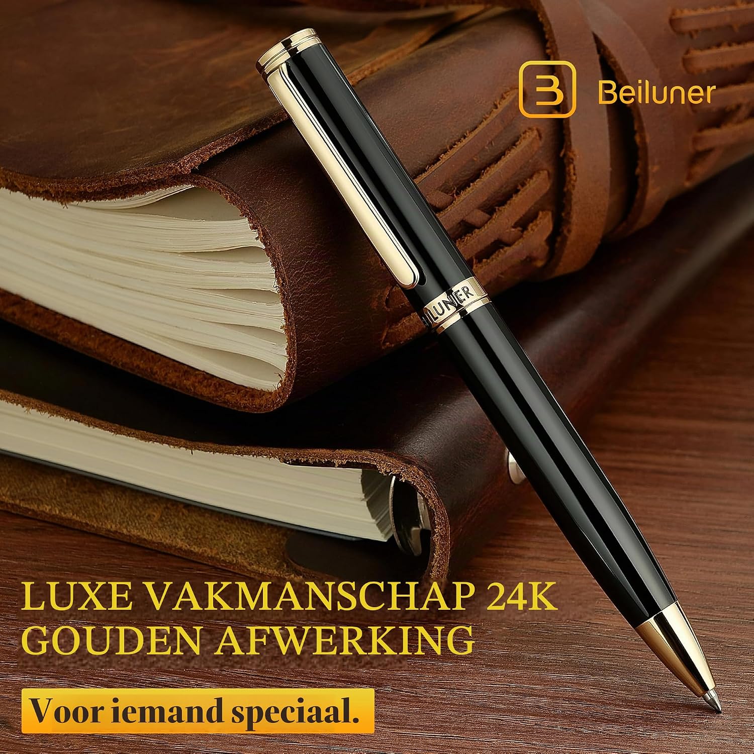 Detalle de BEILUNER XZB-301-BK gelpen van messing met 24K-goudlaag en zwarte lak
