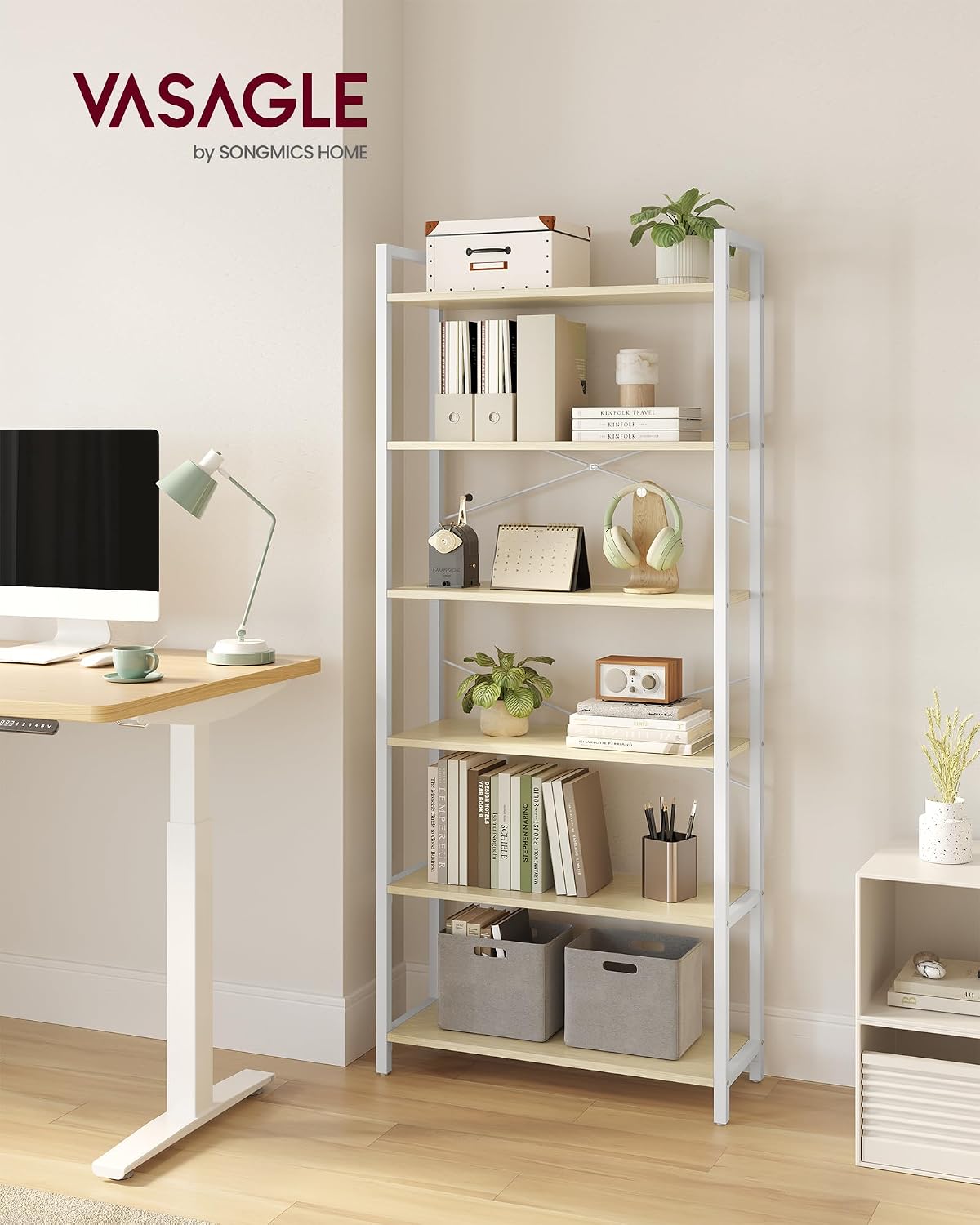Thumbnail 1 de VASAGLE Regal 6 Ebenen in Naturbeige–Weiß, Standregal aus Stahl und Spanplatte, 30 × 64 × 185,5 cm