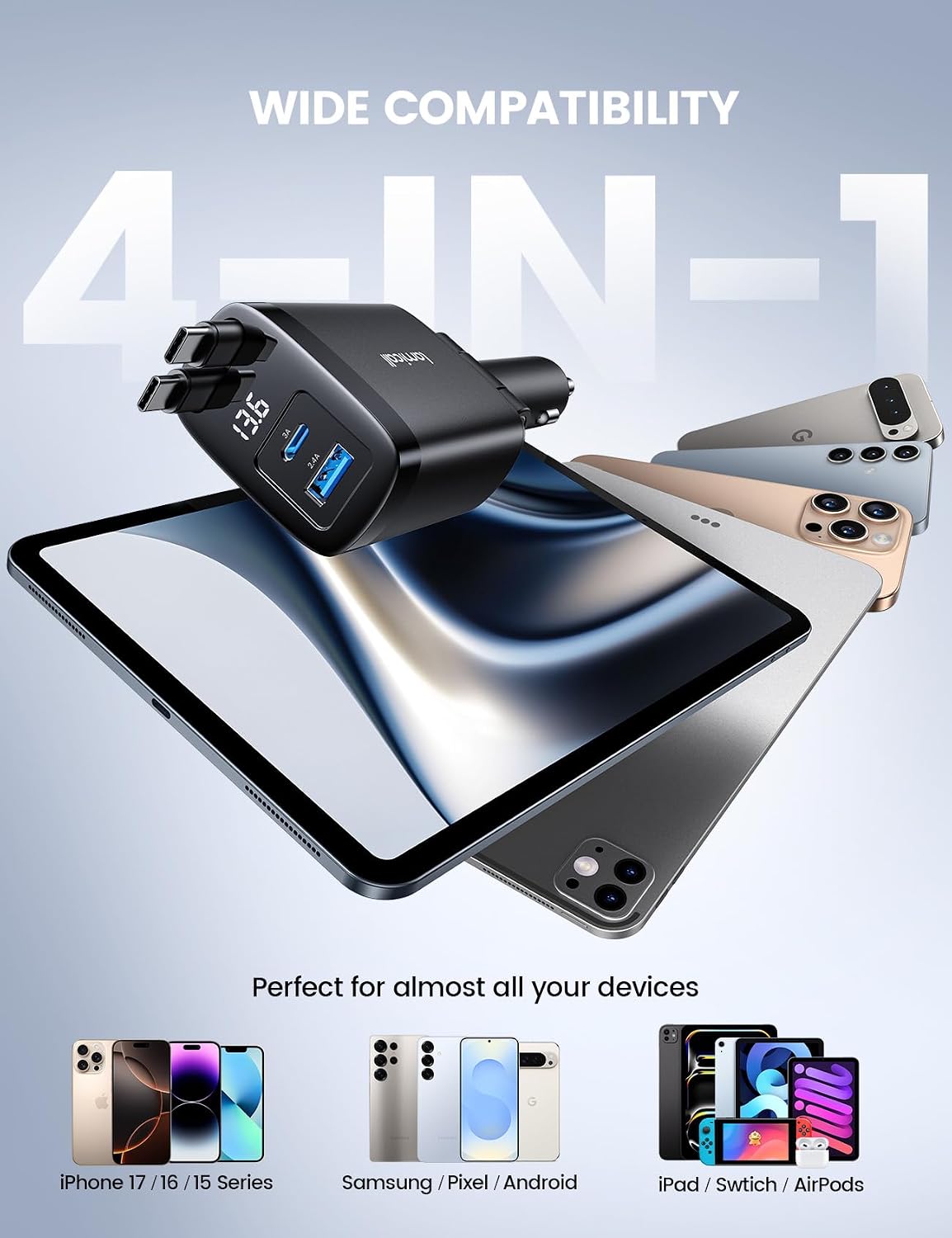Thumbnail 4 de Lamicall VHCC04-CC-EU-BK autolader met 2 oprolbare USB-C-kabels