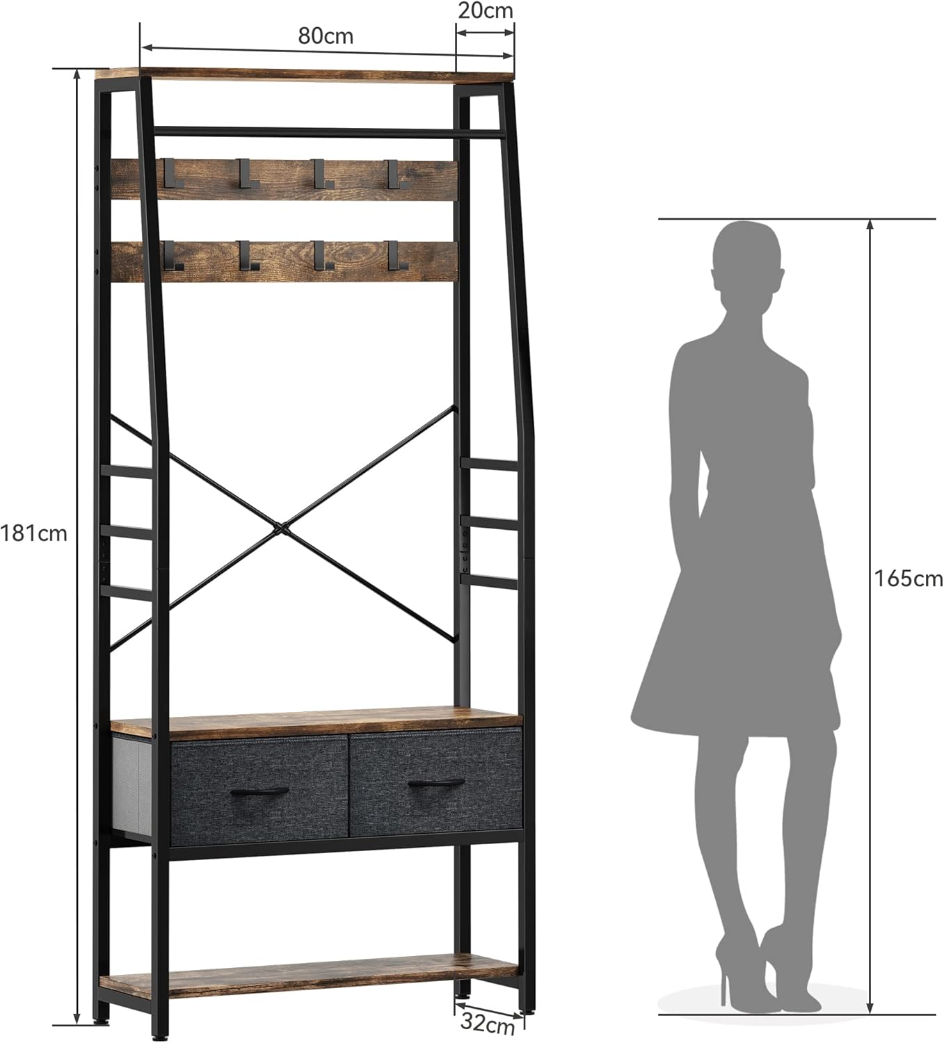 Thumbnail 5 de YITAHOME Coat Rack Stand with Shoe Storage – Industrial Floorstanding Hall Tree with Bench, 8 Hooks, 2 Drawers and Bottom Shoe Rack