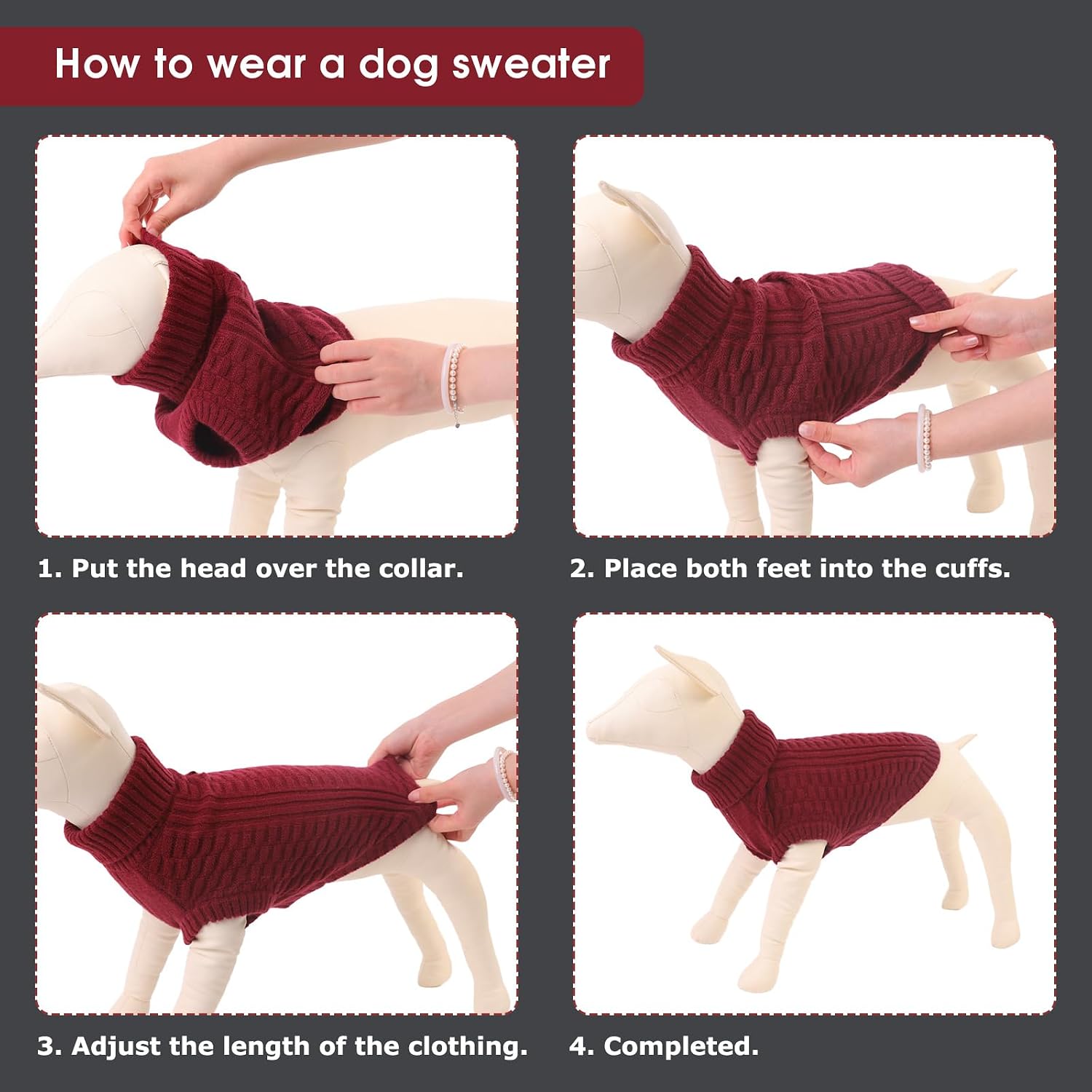 Thumbnail 6 de CITÉTOILE Hundepullover mit Rollkragen, ärmellos, warmer Strickpullover mit Leinenloch – Rot, XL