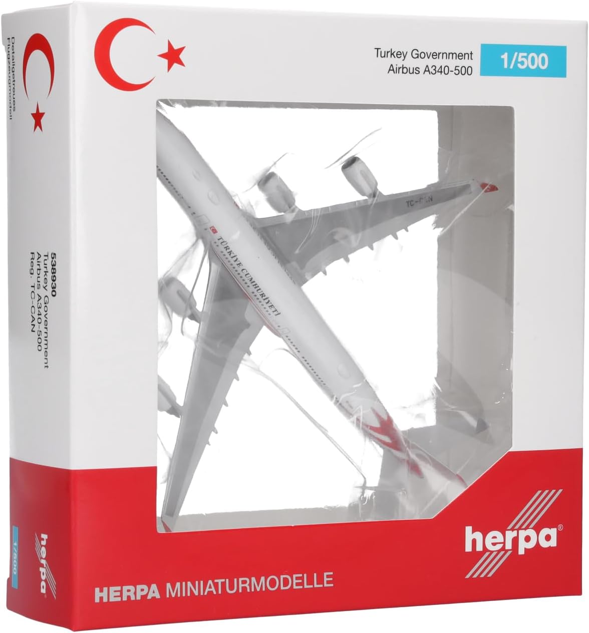 Detalle 1 de Herpa 538930 – model samolotu Airbus A340-500 Turkey Government, metal, 1:500