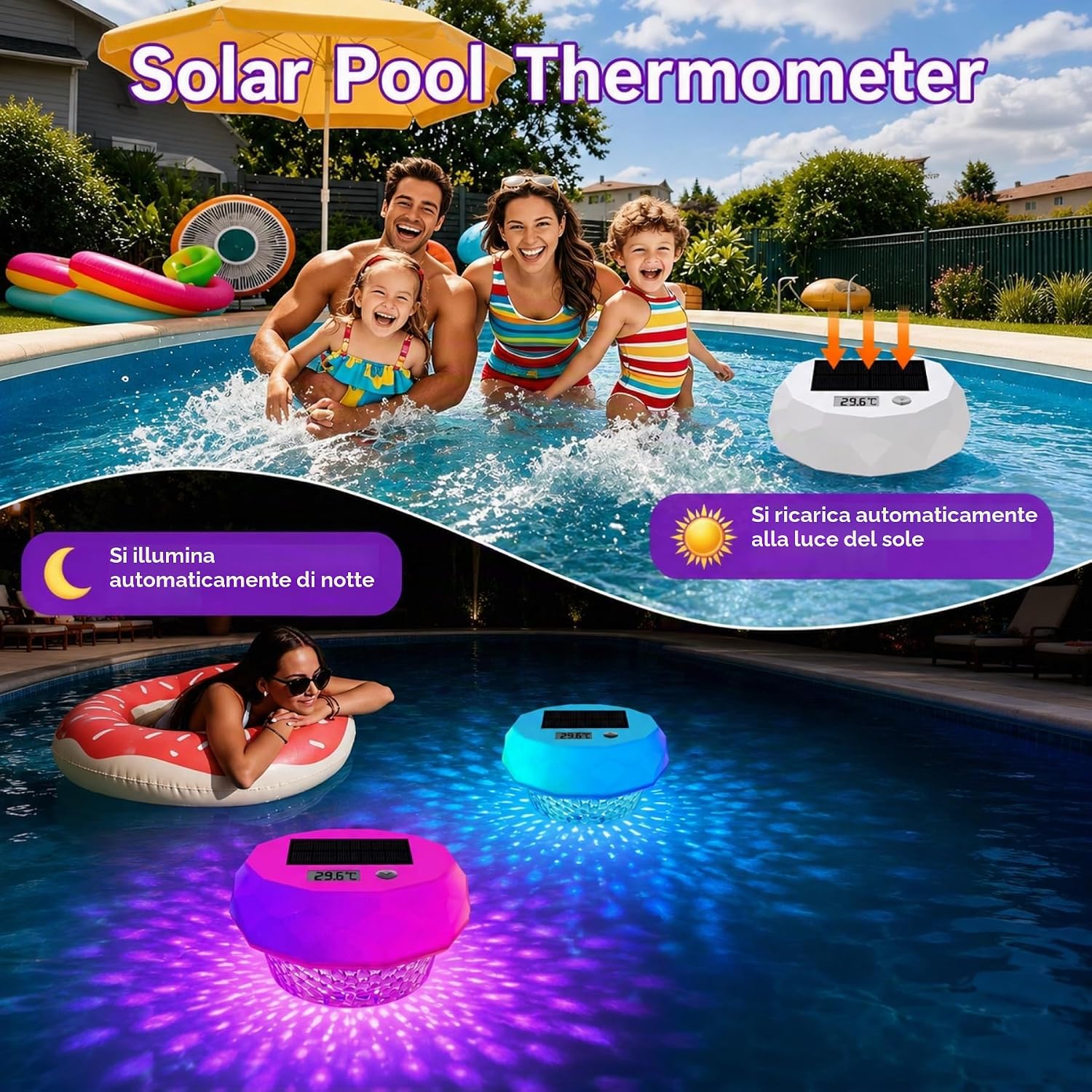 Detalle de Termometro Digitale Solare per Piscina – Galleggiante con Display, 8 Effetti Luminosi e Dosatore di Cloro, IP68