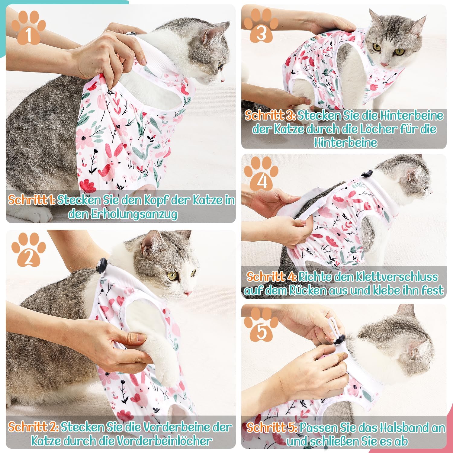 Thumbnail 6 de Eyein Katzenbody nach OP (atmungsaktiv, anti-leckend) – Erholungsanzug statt E-Kragen, verstellbar, Weiß, Größe L