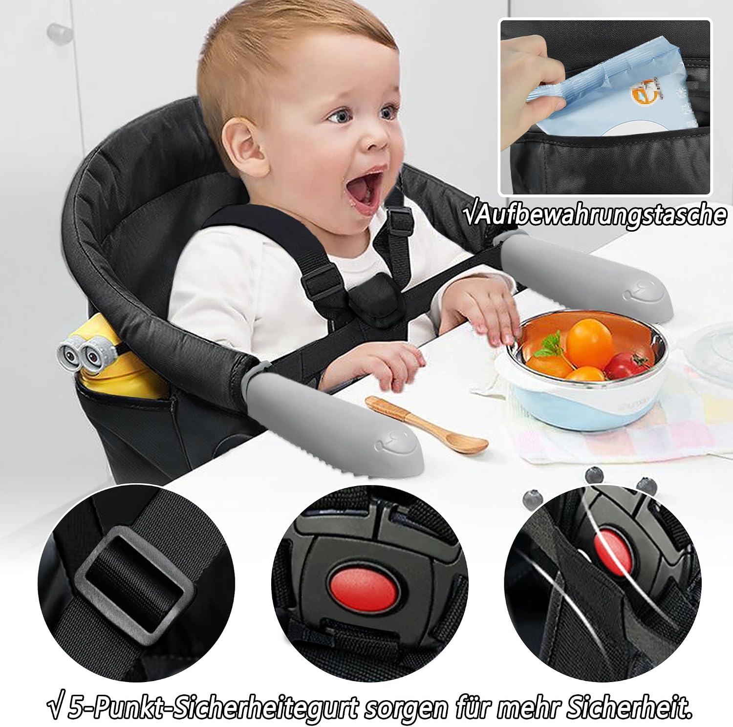 Detalle de LZQ opvouwbaar babytafelzitje, zwart, voor tafels van 2 tot 8 cm